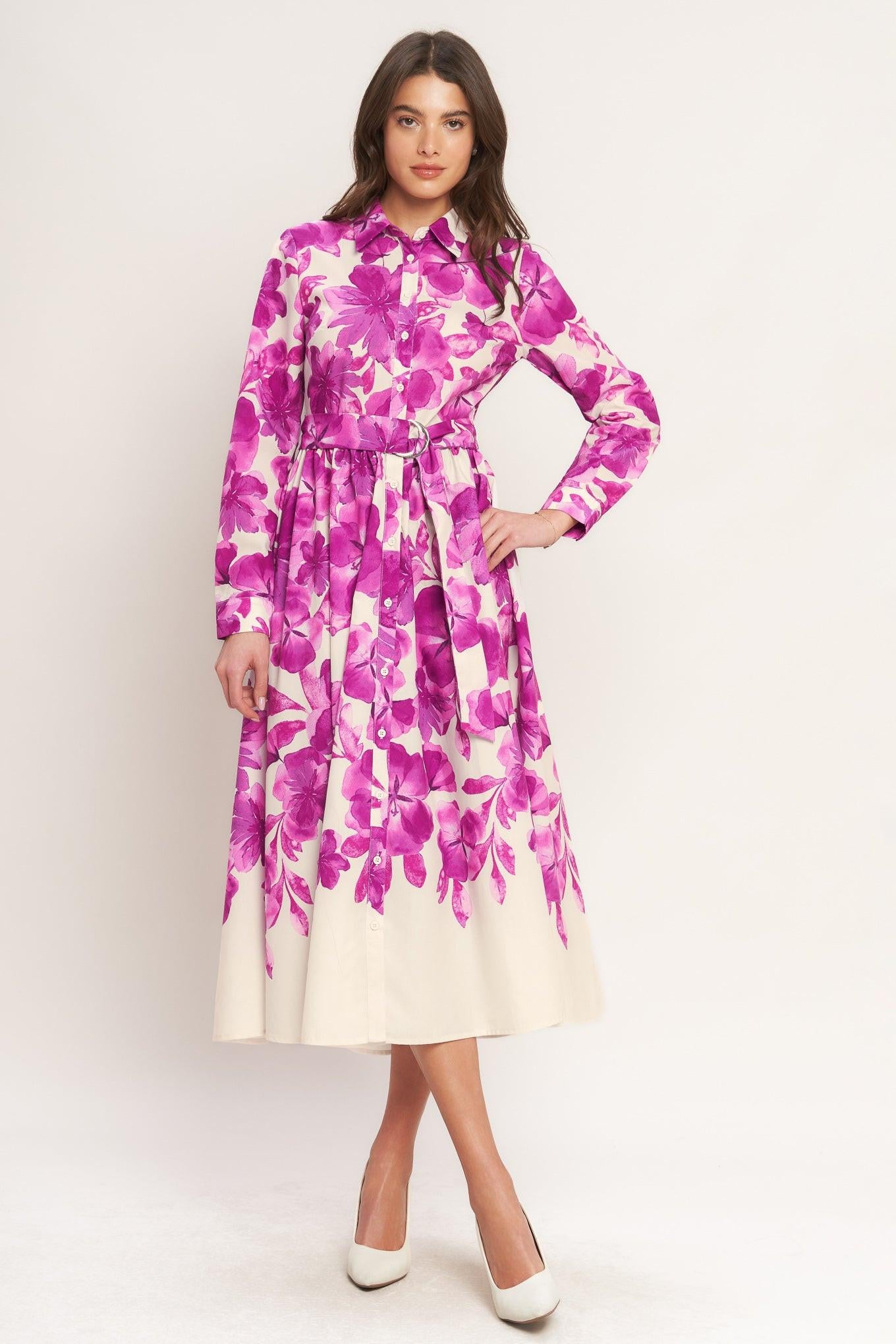A printed woven midi shirt dress featuring long sleeve, self belt, front button down and full skirt
Details:
Self : 100% Polyester
Size & Fit
- Model is 5`8" And Wearing Size Small
- Measurements Taken From Size Small
- Approx. Length: 50" FLYING TOMATO