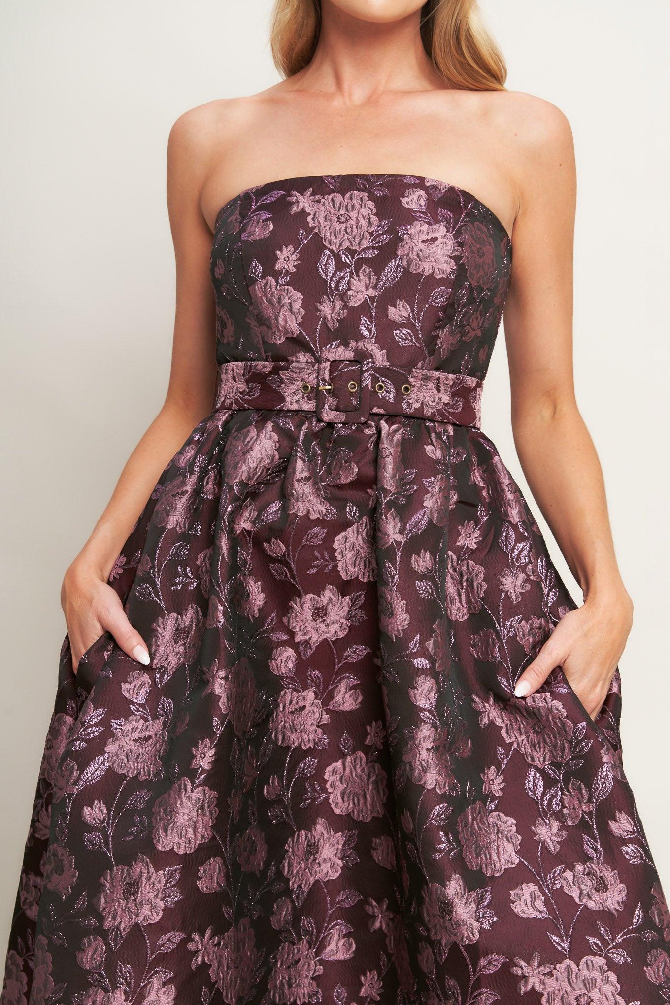 AUBERGINE CHIC JACQUARD WOVEN MIDI DRESS.