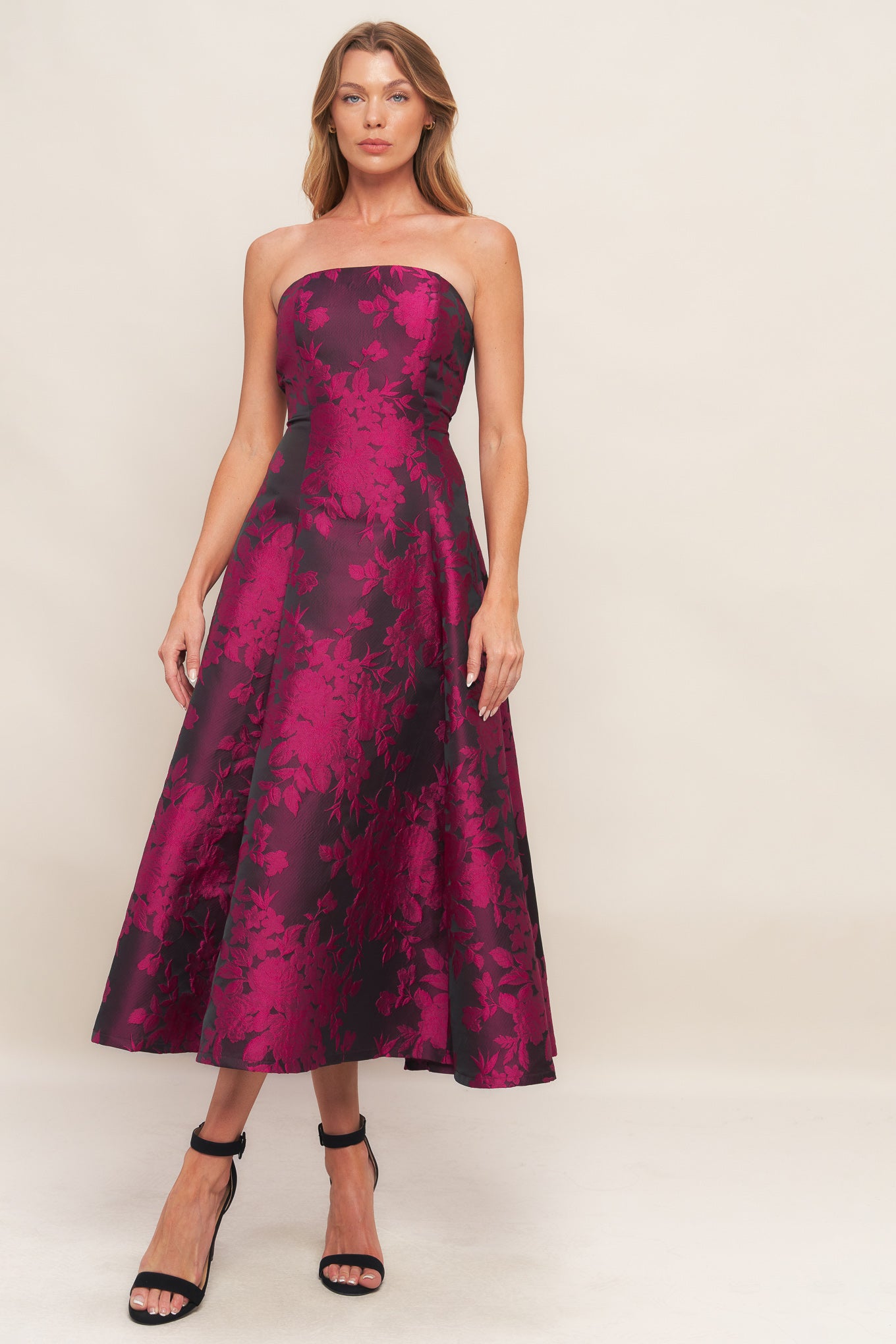 A woven jacquard midi dress featuring strapless, circle skirt and back zipper closure