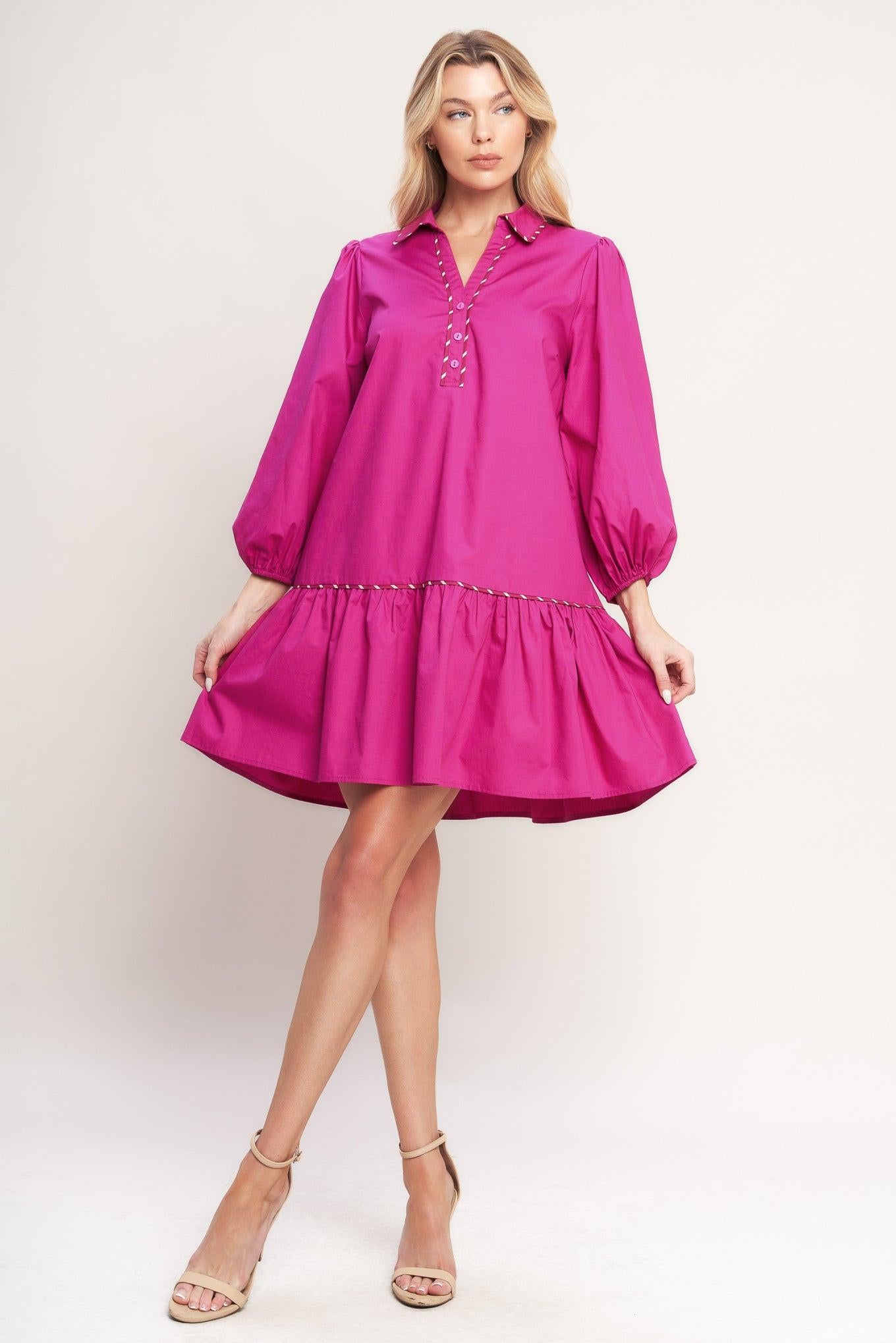 A solid woven mini dress featuring collar, V neck with button down, long sleeve and ruffled hem
Details:
Self: 100% Cotton
Size & Fit
-Model is 5`8" And Wearing Size Small
-Measurements Taken From Size Small
-Approx. Length: 36"