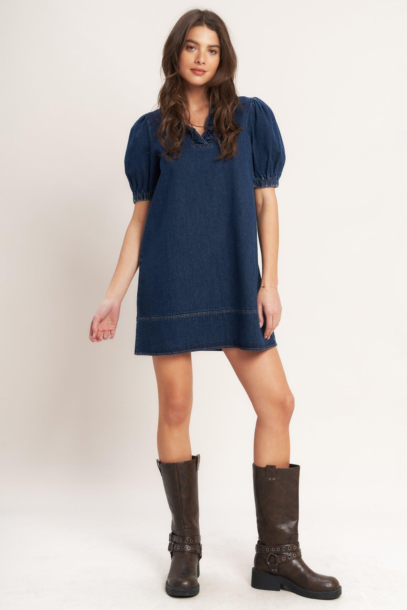 MODERN FOLK TOUCH DNIM MINI DRESS.