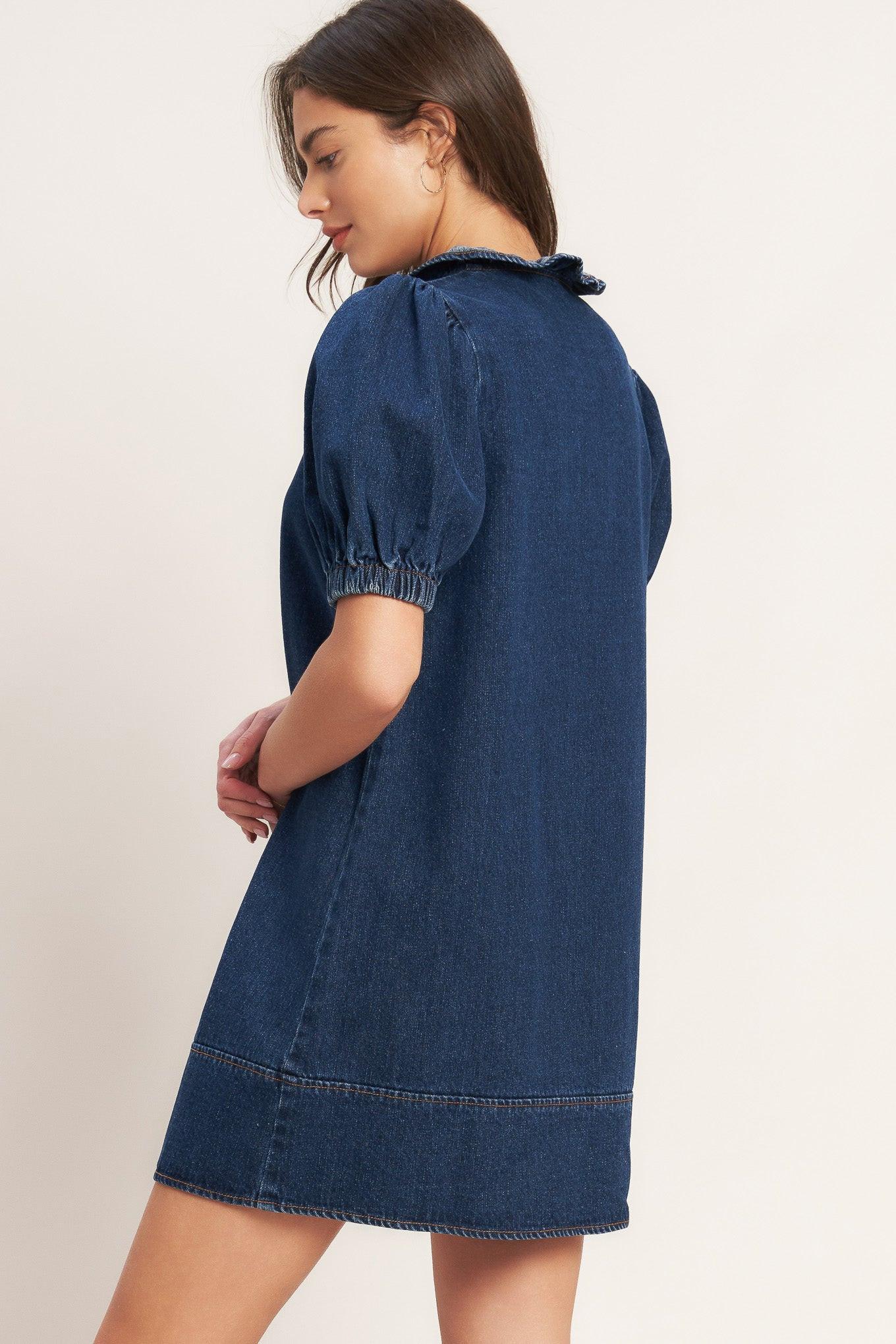 MODERN FOLK TOUCH DNIM MINI DRESS.