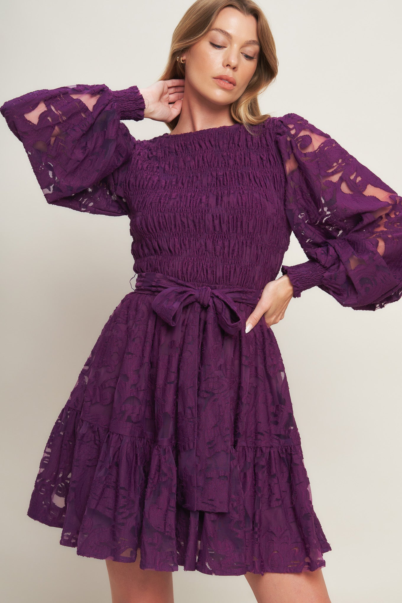 A woven lace mini dress featuring round neckline, long sleeve with cuff, smocked bodice, self sash tie, ruffled hemline and back neck button closure