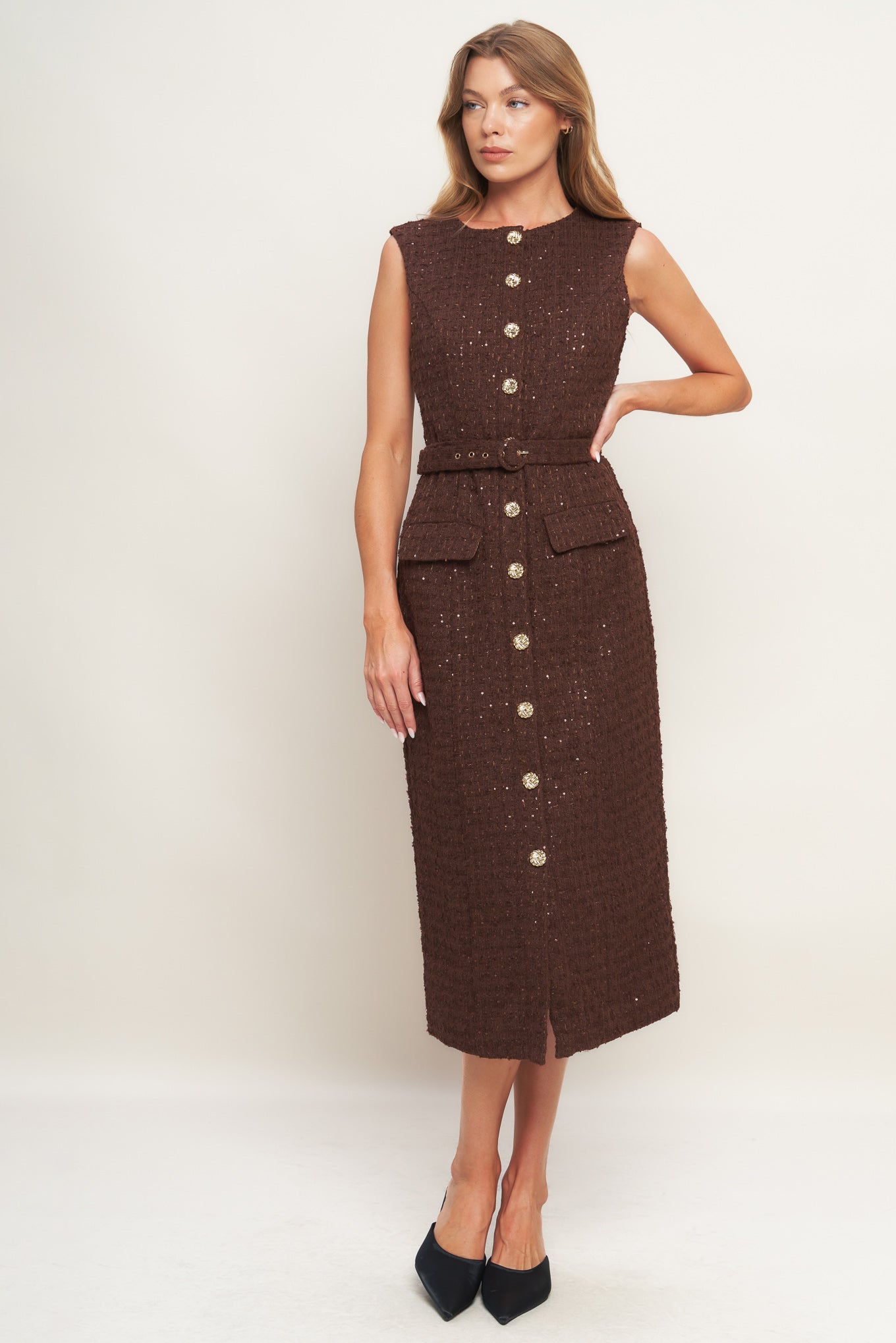 A tweed midi dress featuring round neckline, sleeveless, front button down and self belt