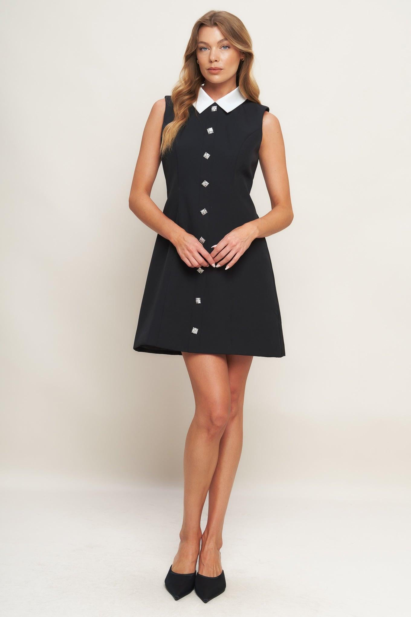 LOVELY MOMENT BLACK WOVEN MINI DRESS.