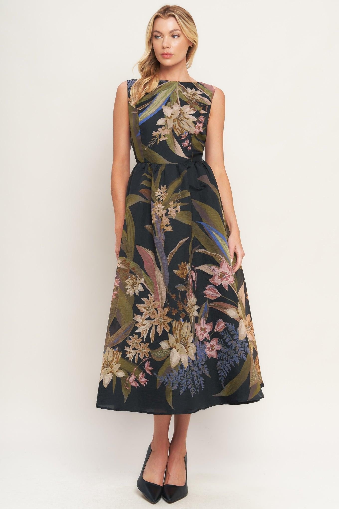 A printed woven midi dress featuring wide neckline, sleeveless, full skirt and back zipper closure