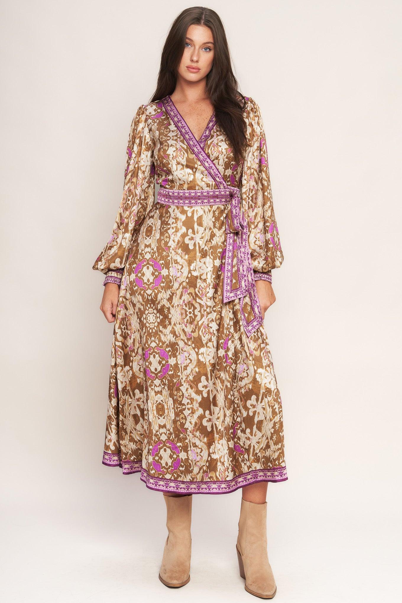 IKAT BLOOM WOVEN MIDI TRUE WRAP DRESS.