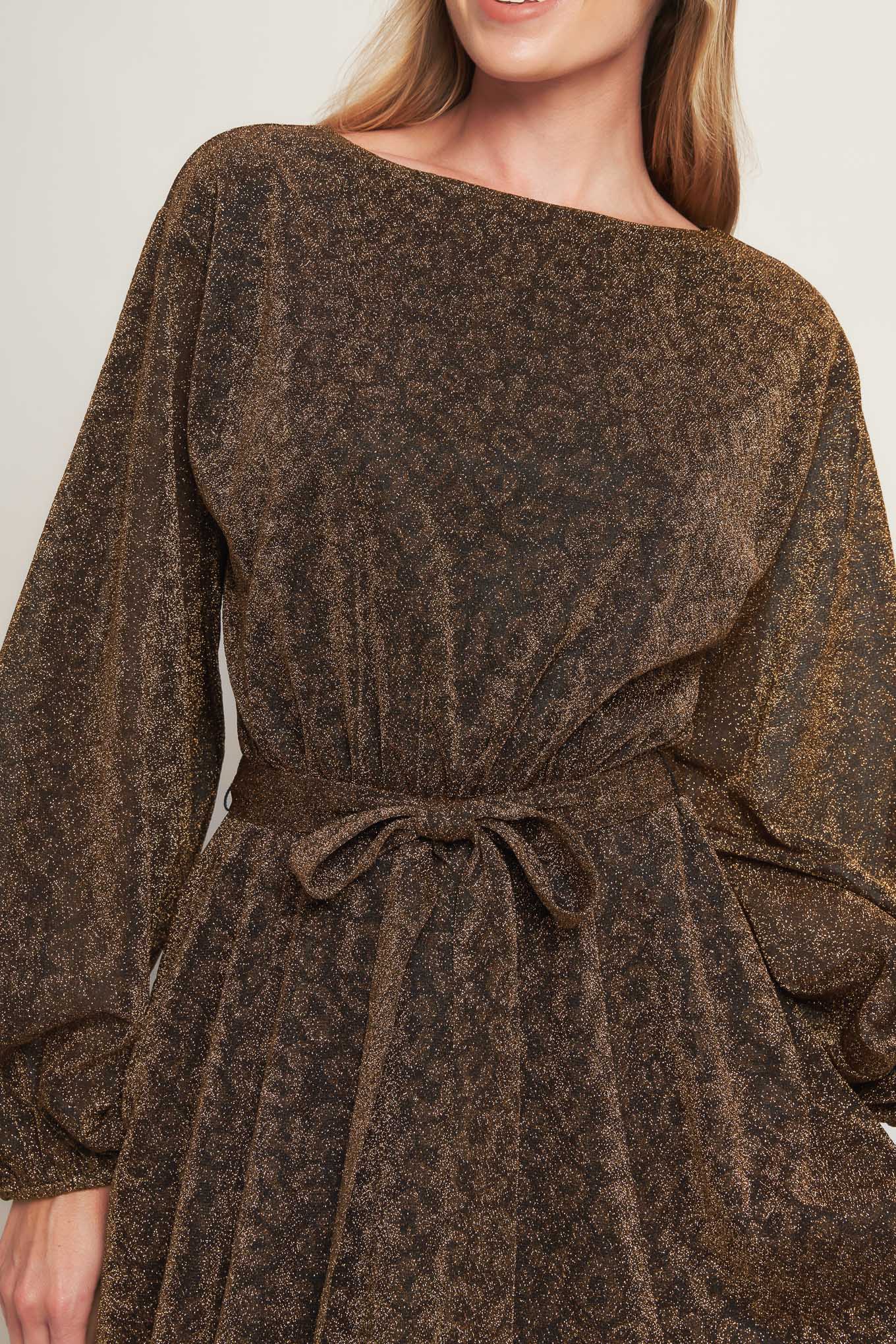 A metallic threaded woven midi dress featuring wide neckline, long blouson sleeve, self sash tie and back zipper closure