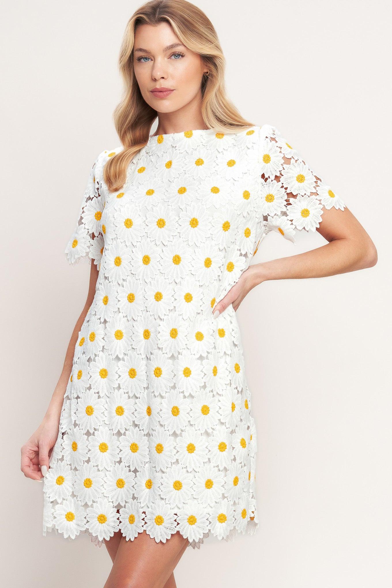 A woven lace mini shift dress with short sleeve and back button closure
Details:
Self: 100% Polyester
Lining: 100% Polyester
Size & Fit
-Model is 5`8" And Wearing Size Small
-Measurements Taken From Size Small
-Approx. Length: 35"