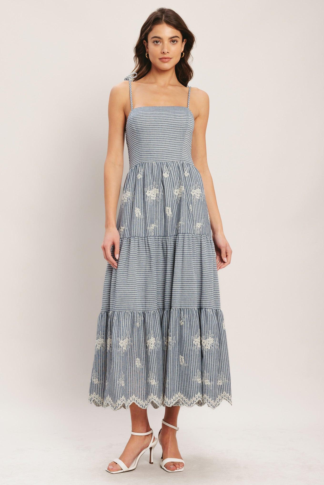 SALT AIR STRIPE WOVEN MIDI DRESS.