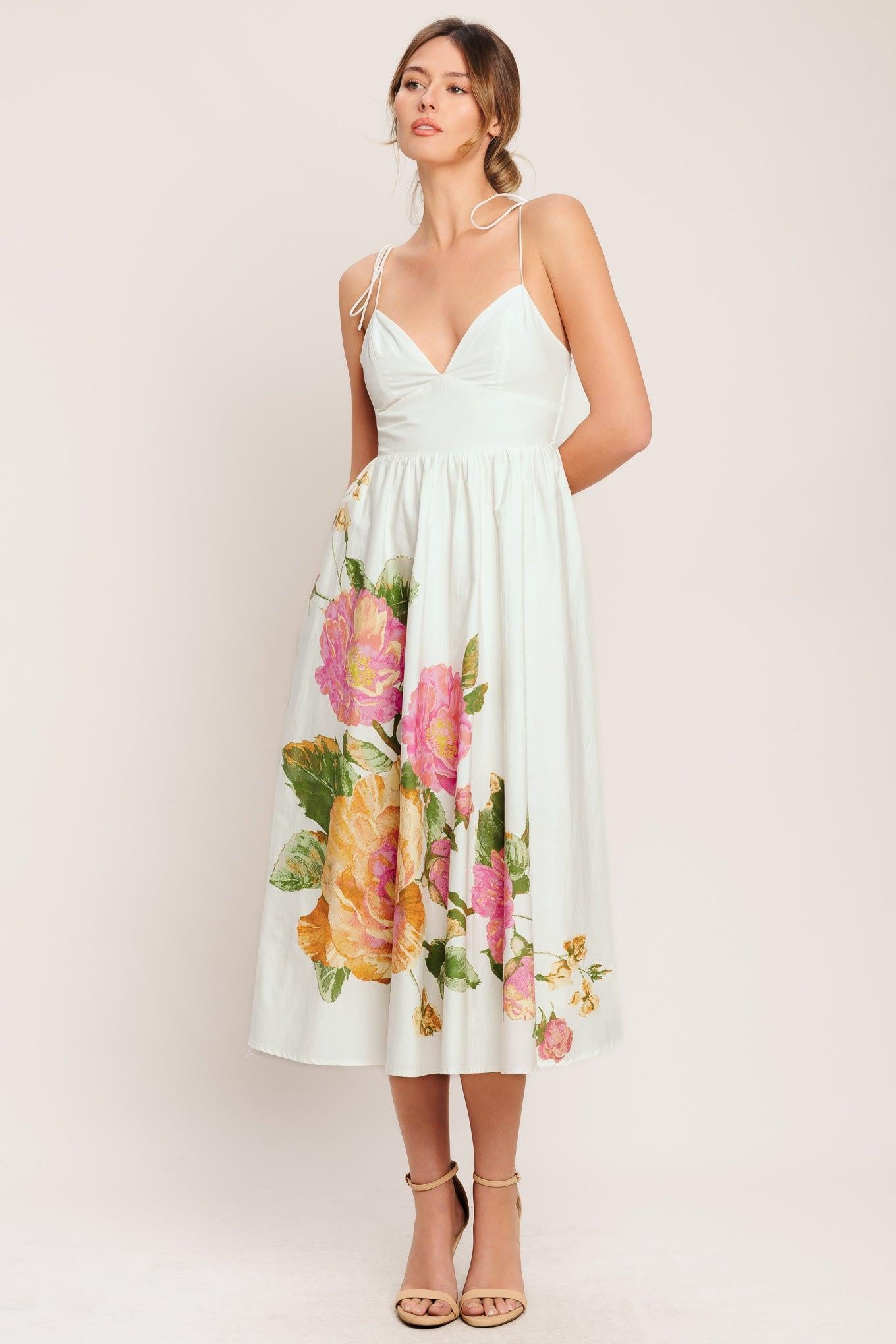 POETIC BLOOM WOVEN MIDI DRESS.
