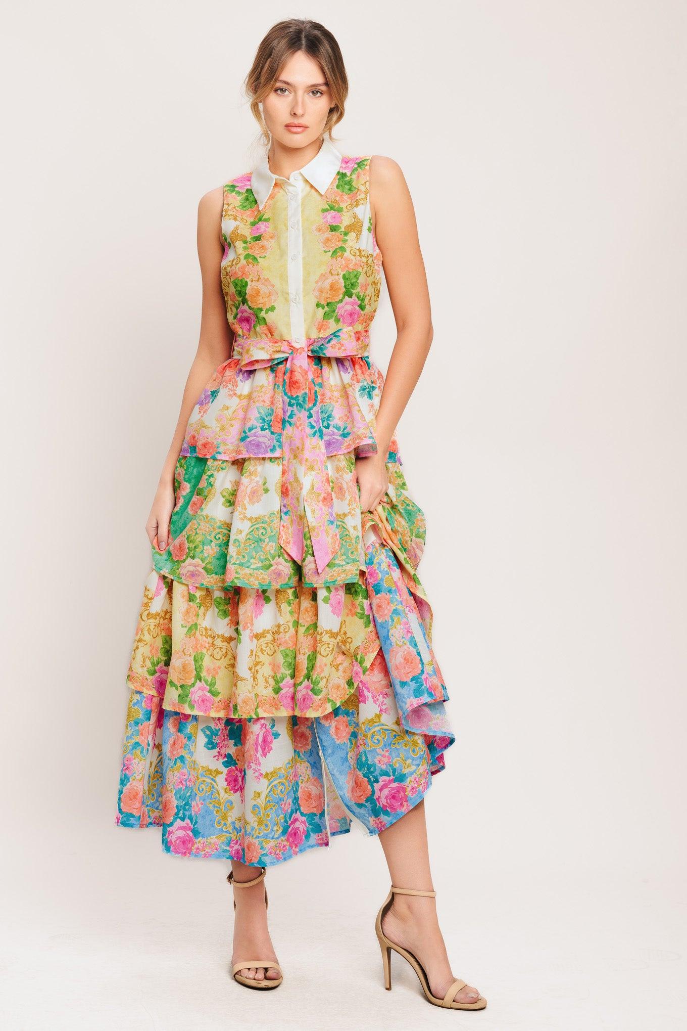 LAYERED ROMANCE WOVEN MIDI DRESS.