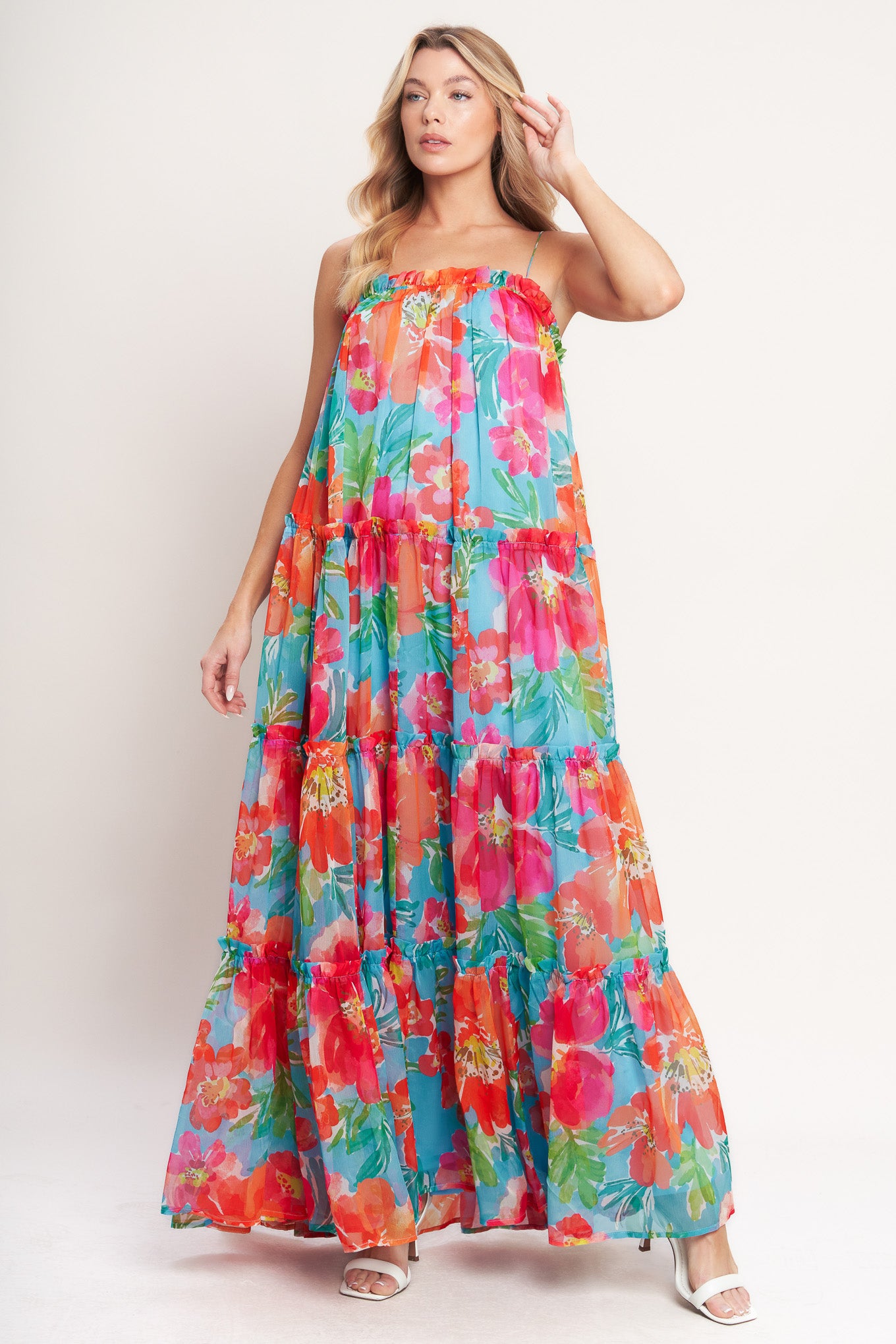 A printed woven maxi dress featuring straight neckline with ruffled edge, straps and tiers with ruffle edge
Details:
Self : 100% Polyester
Lining : 100% Polyester
Size & Fit
- Model is 5`8" And Wearing Size Small
- Measurements Taken From Size Small
- Approx. Length: 59"