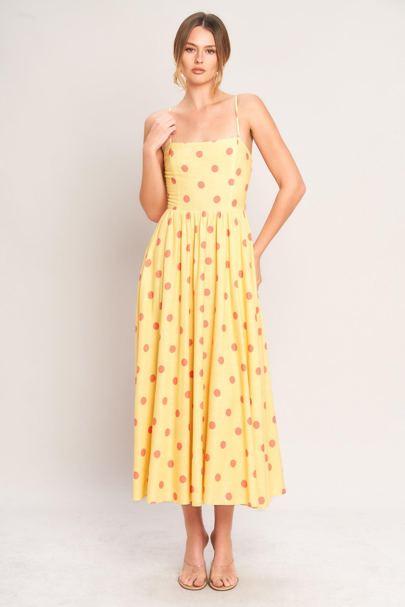 GOLDEN SUMMER POLKA WOVEN MIDI DRESS.