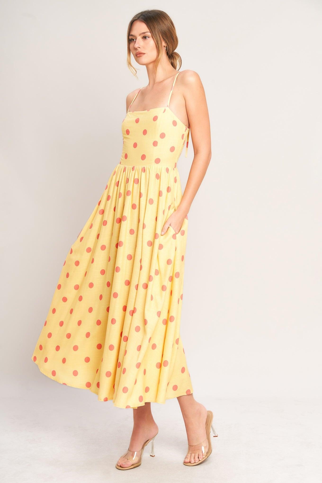 GOLDEN SUMMER POLKA WOVEN MIDI DRESS.