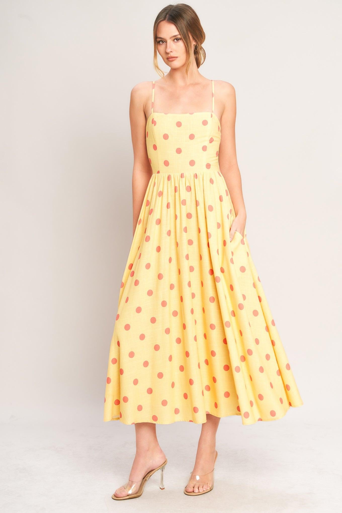 GOLDEN SUMMER POLKA WOVEN MIDI DRESS.