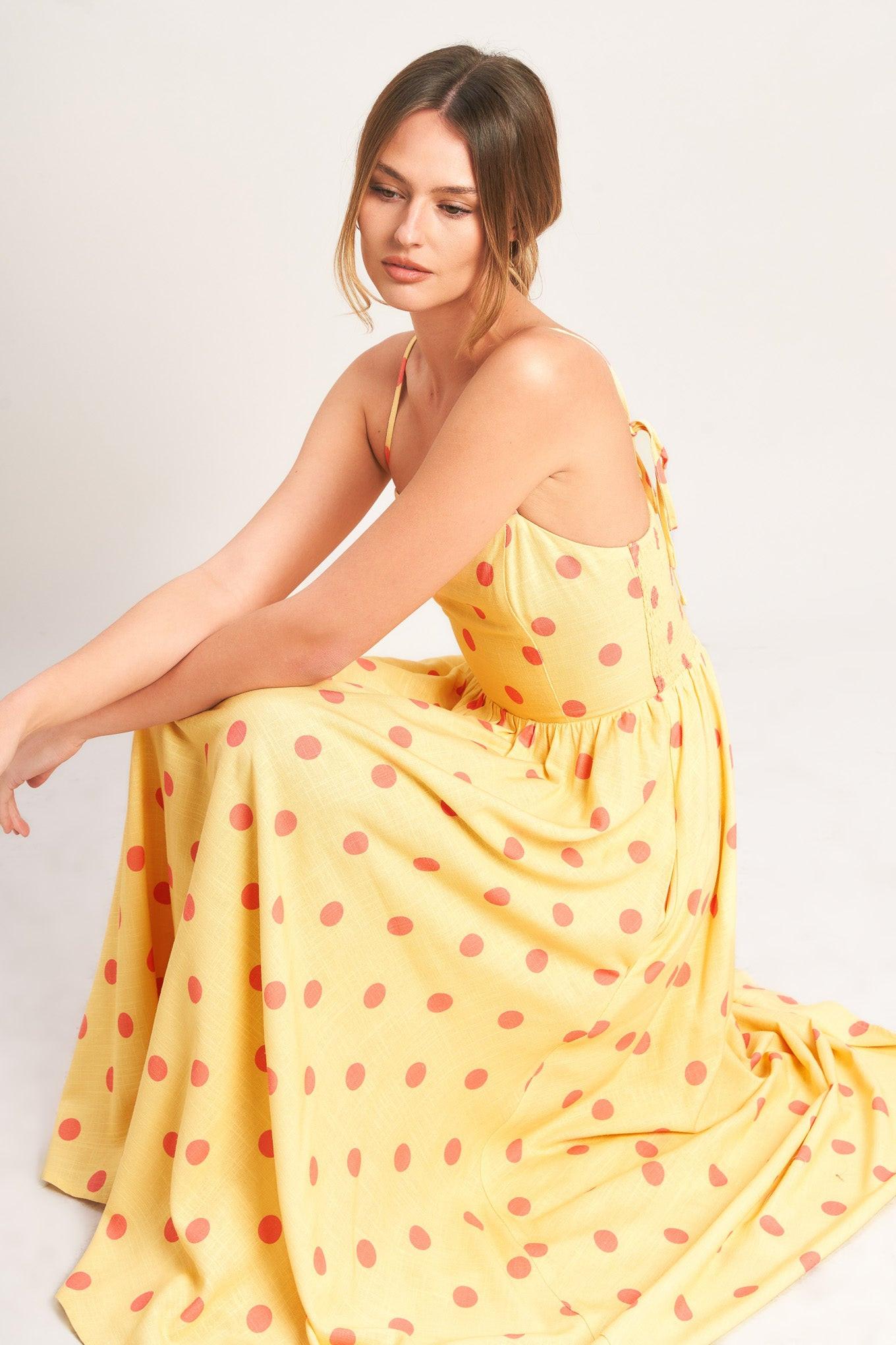 GOLDEN SUMMER POLKA WOVEN MIDI DRESS.