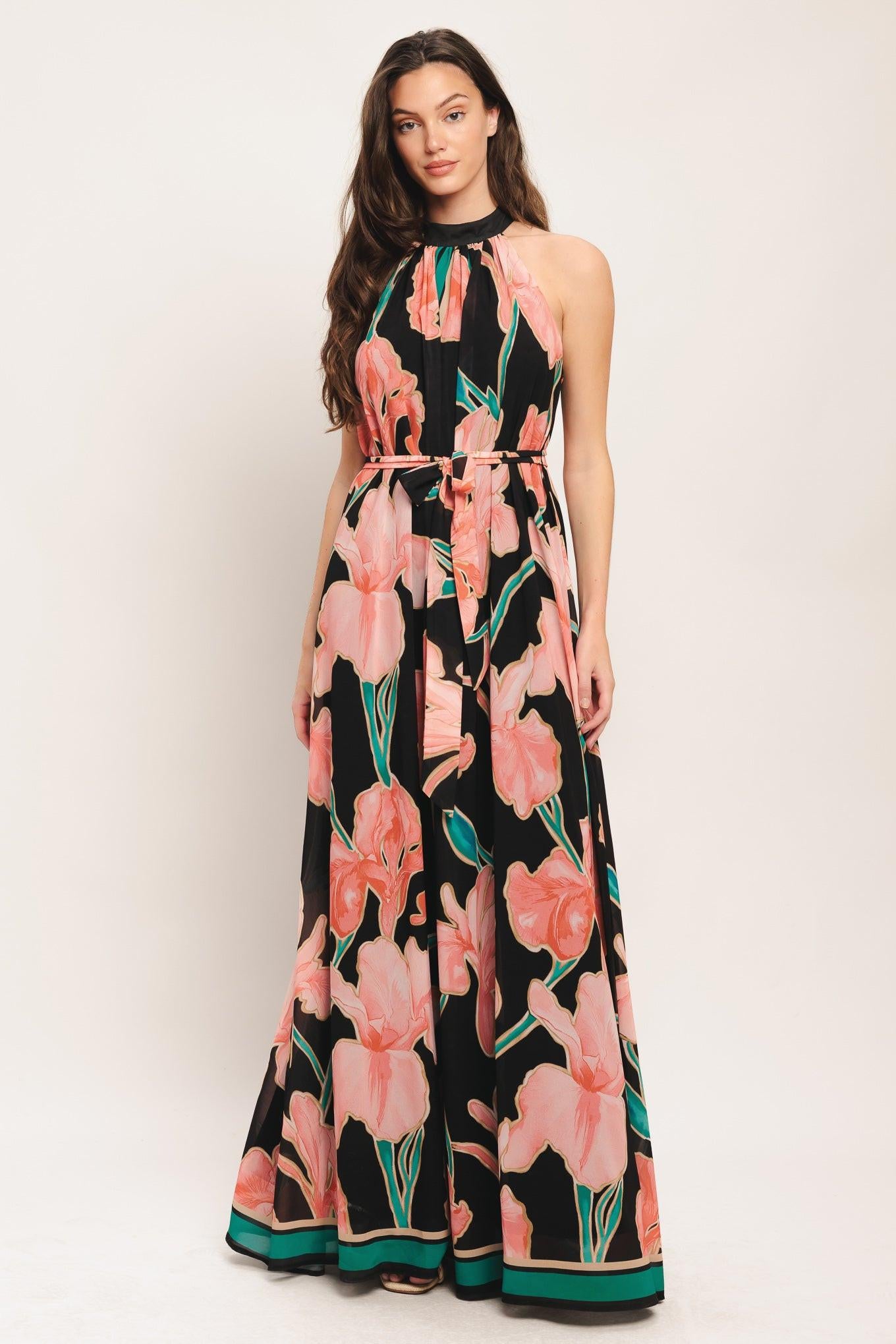 A printed woven maxi dress featuring halter neckline, contrasting belt and back neck button closure
Details:
Self: 100% Polyester
Lining: 100% Polyester
Size & Fit
-Model is 5`8" And Wearing Size Small
-Measurements Taken From Size Small
-Approx. Length: 62"