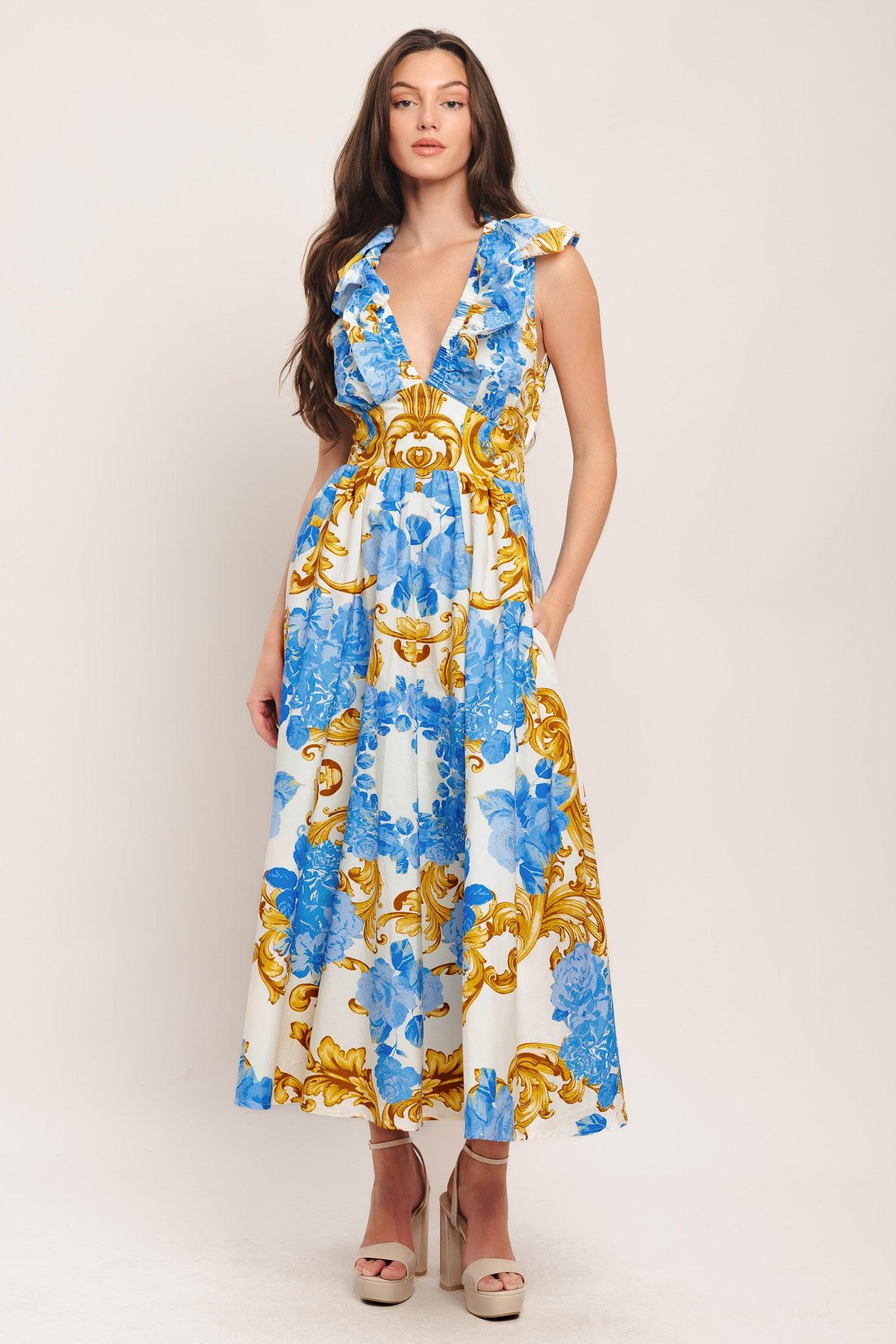 A printed woven midi dress featuring V neckline, ruffle collar, waist yoke, full skirt and smocked back waistband
Details:
Self: 100% Cotton
Size & Fit
-Model is 5`8" And Wearing Size Small
-Measurements Taken From Size Small
-Approx. Length: 53"
