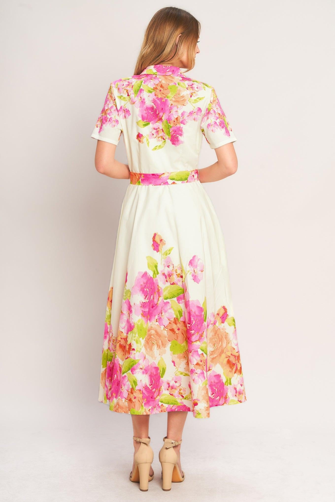 PEONY BLOOM WOVEN MIDI DRESS.