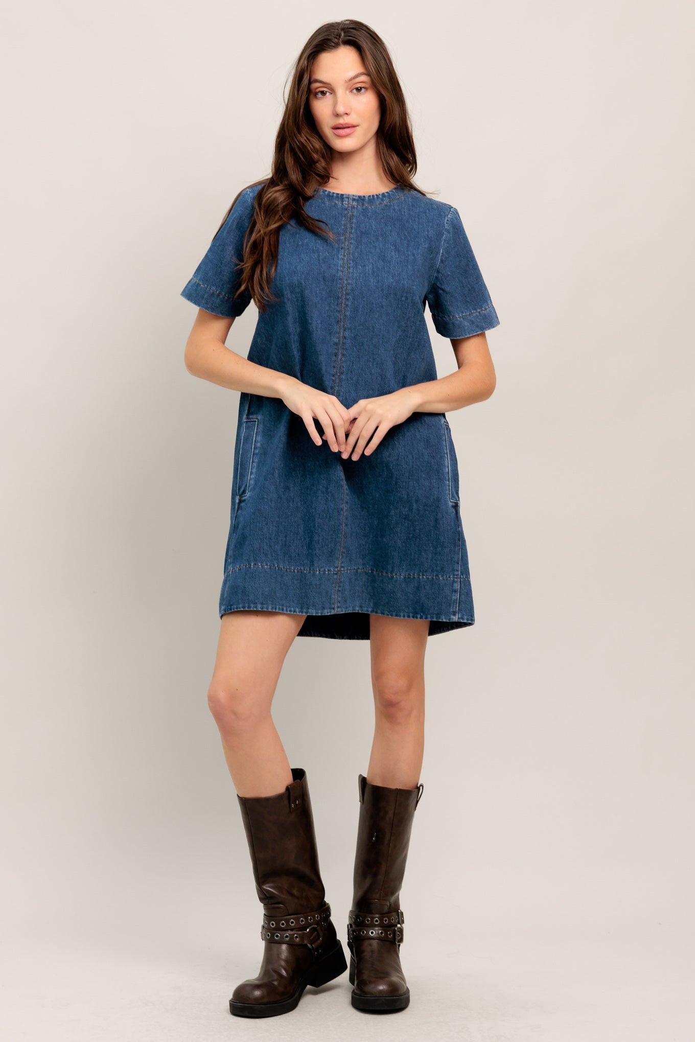 SIMPLY PUT TOGETHER DENIM MINI DRESS.