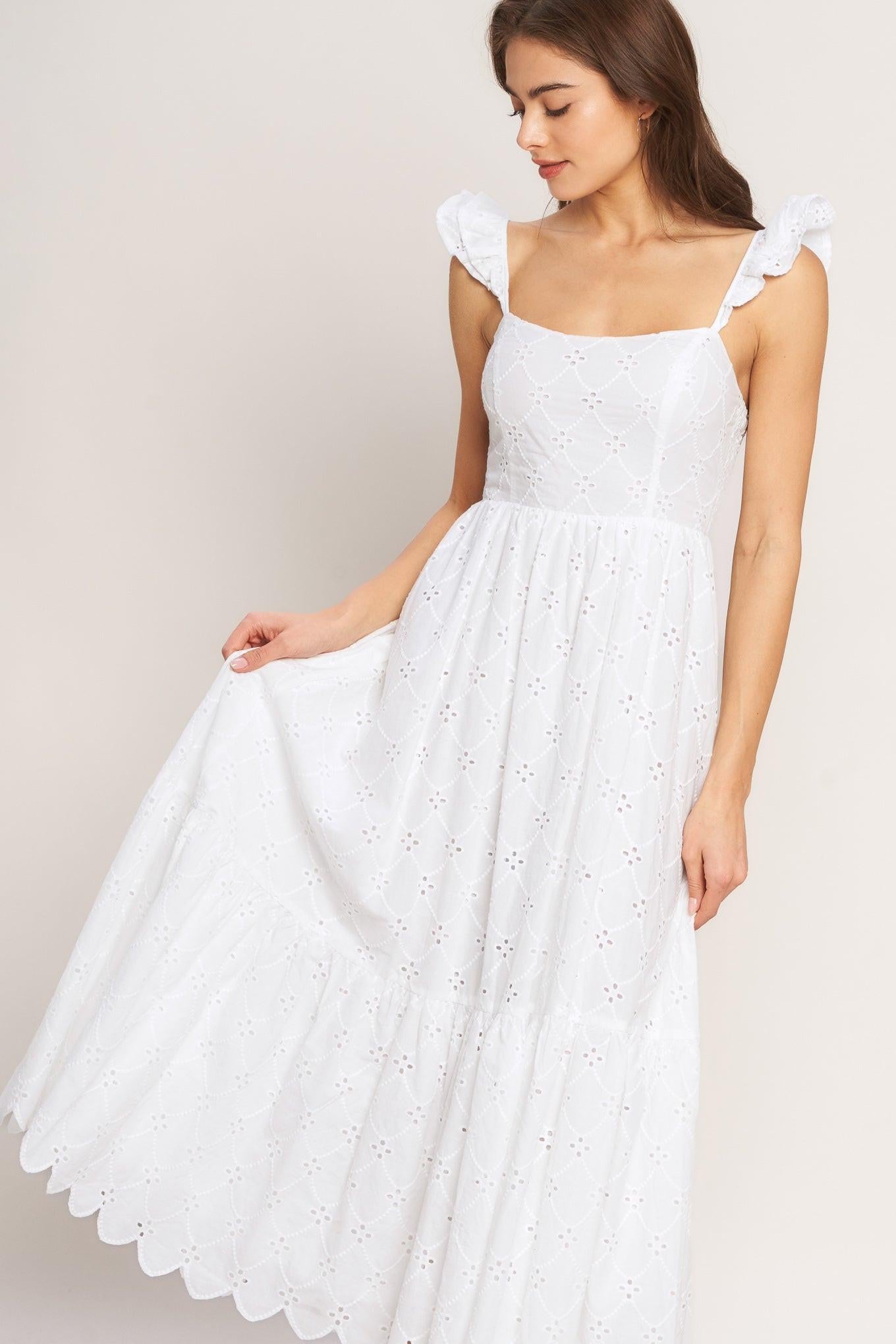 SWEET ESCAPE WOVEN EYELET MIDI DRESS.
