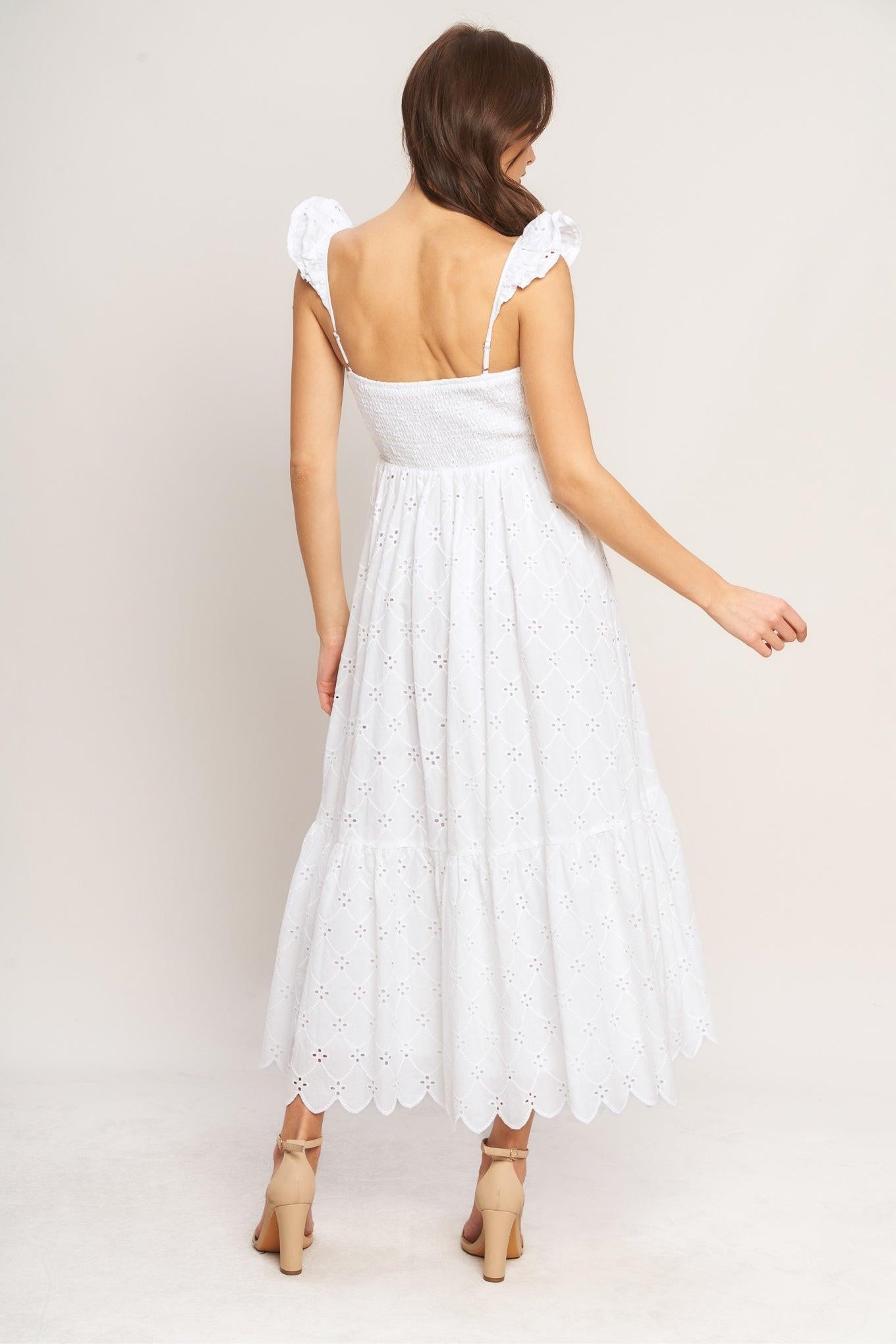 SWEET ESCAPE WOVEN EYELET MIDI DRESS.