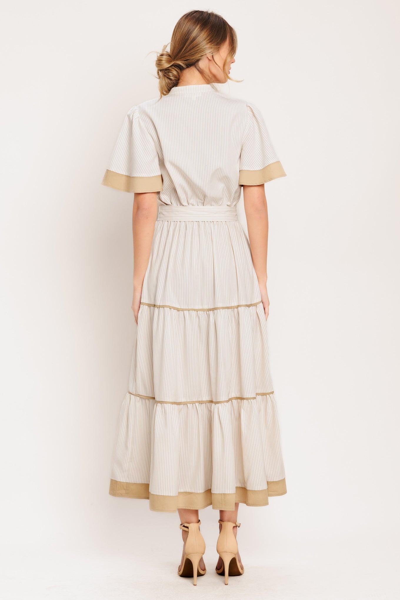 PARIS MORNING TAUPE WOVEN MIDI DRESS.