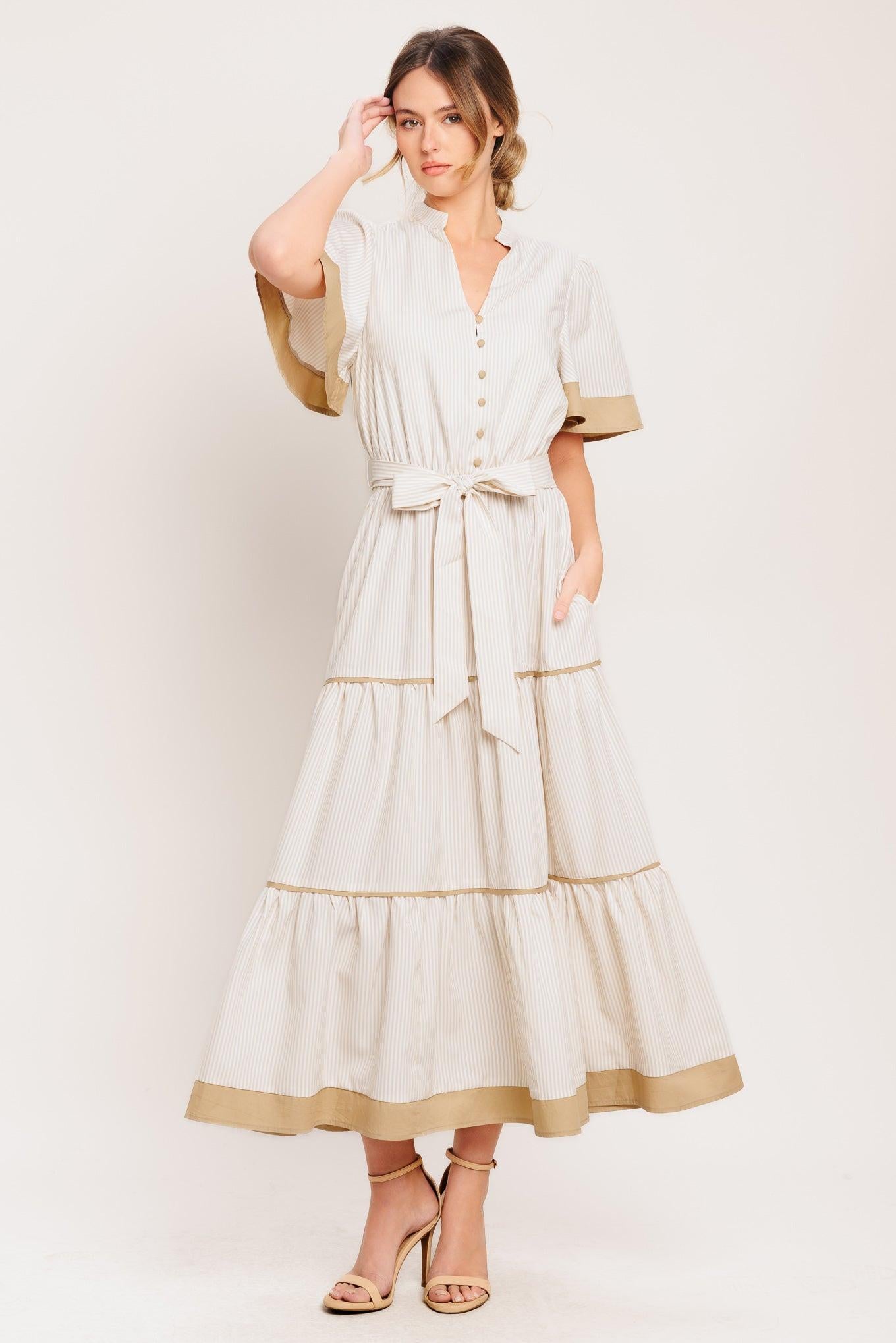 PARIS MORNING TAUPE WOVEN MIDI DRESS.