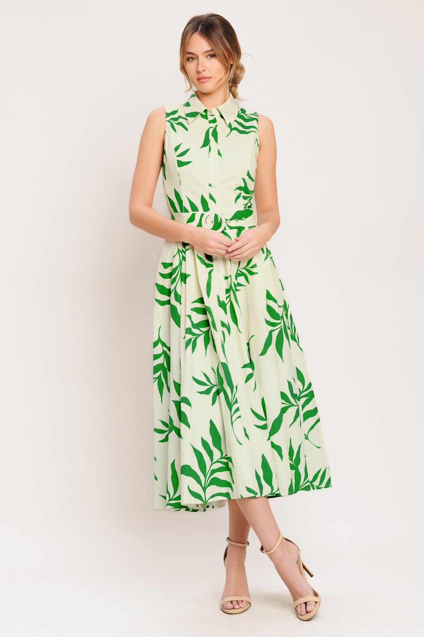 A printed woven midi dress featuring collar, sleeveless, button down, self belt and full skirt
Details:
Self: 100% Cotton
Lining: 100% Polyester
Size & Fit
-Model is 5`8" And Wearing Size Small
-Measurements Taken From Size Small
-Approx. Length: 52"