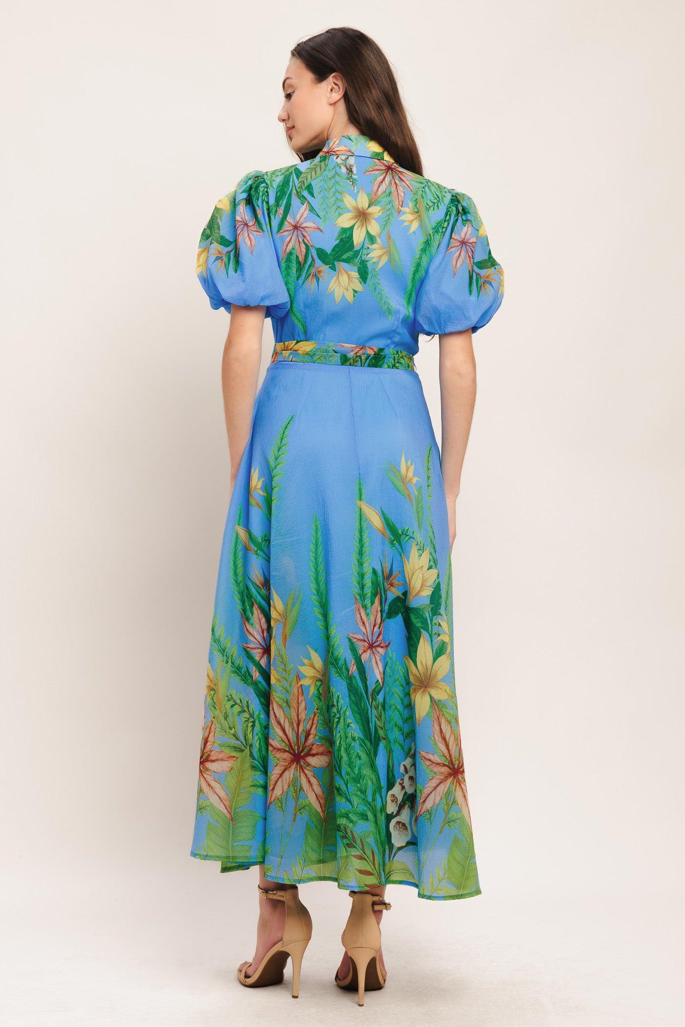 A printed woven midi dress featuring collar, short puff sleeve, button down, circle skirt and self sash tie
Details:
Self: 100% Polyester
Lining: 100% Polyester
Size & Fit
-Model is 5`8" And Wearing Size Small
-Measurements Taken From Size Small
-Approx. Length: 54"