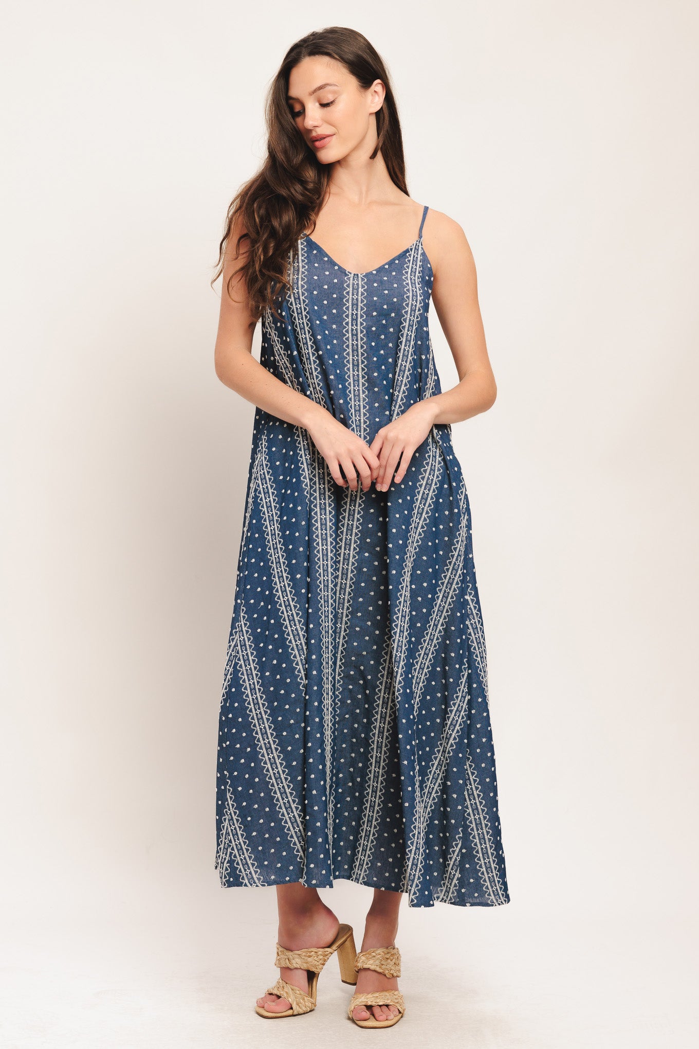 An embroidered woven midi dress featuring V neckline, straps and back tassel tie detail
Details:
Self: 65% Cotton 35% Polyester
Contrast: 65% Cotton 35% Polyester Exclusive of Decoration
Size & Fit
-Model is 5`8" And Wearing Size Small
-Measurements Taken From Size Small
-Approx. Length: 52"