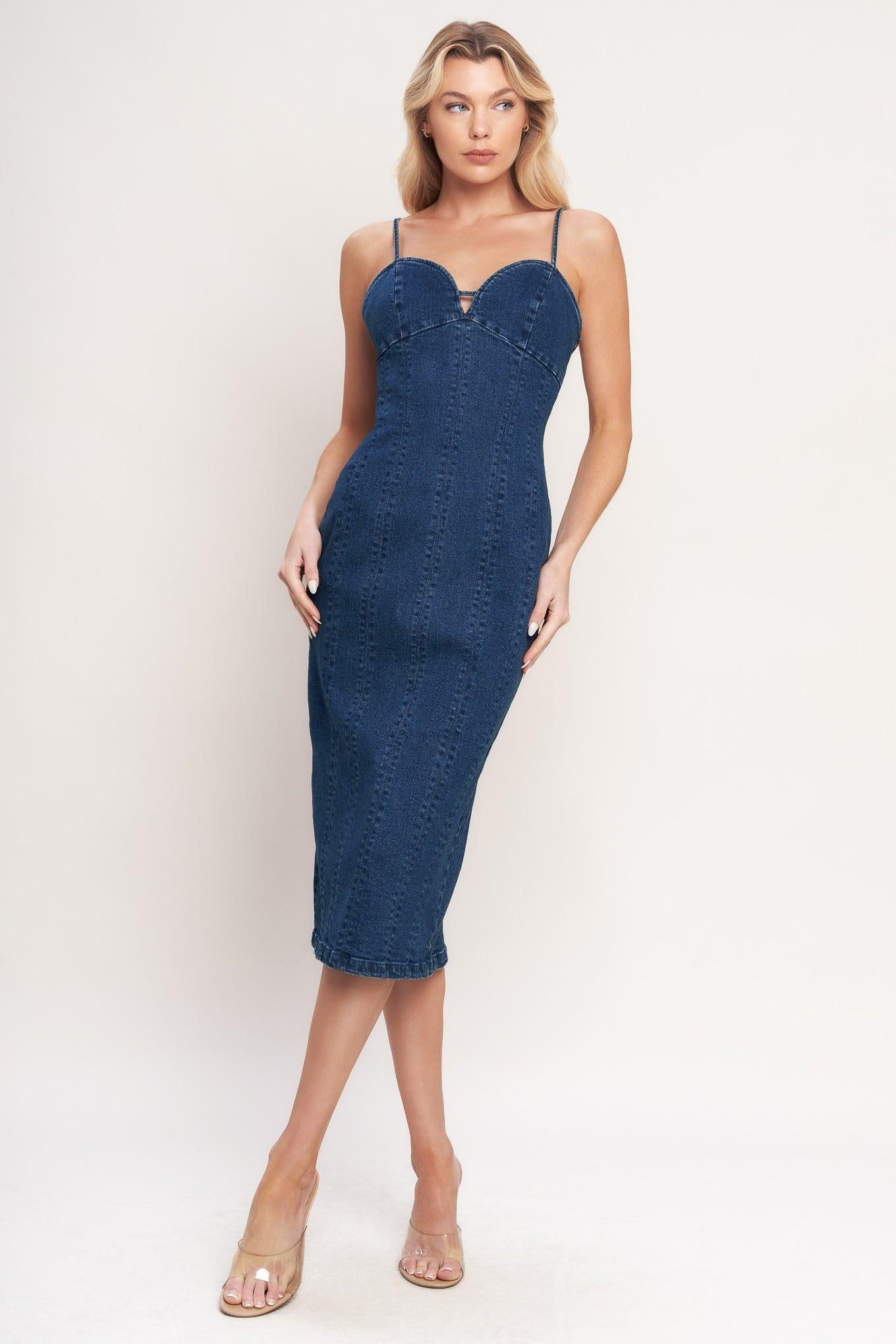 CITY LIGHTS DENIM MIDI DRESS.