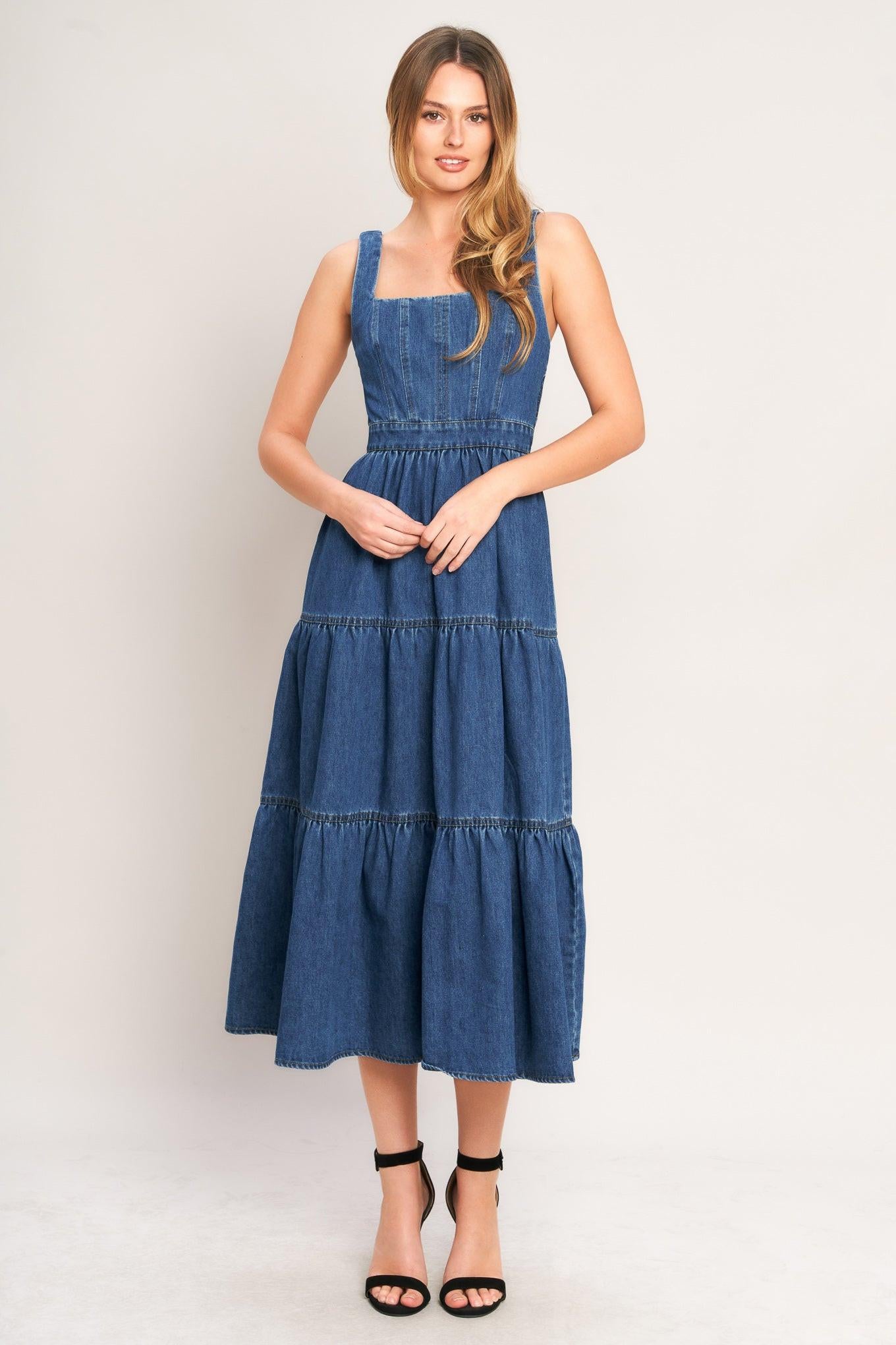EVERYDAY ROMANCE DENIM MIDI DRESS.
