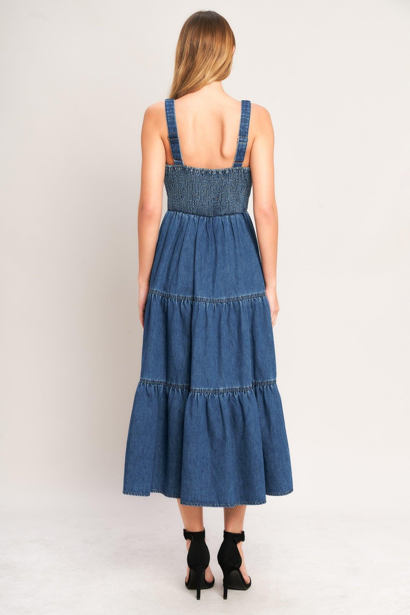 EVERYDAY ROMANCE DENIM MIDI DRESS.
