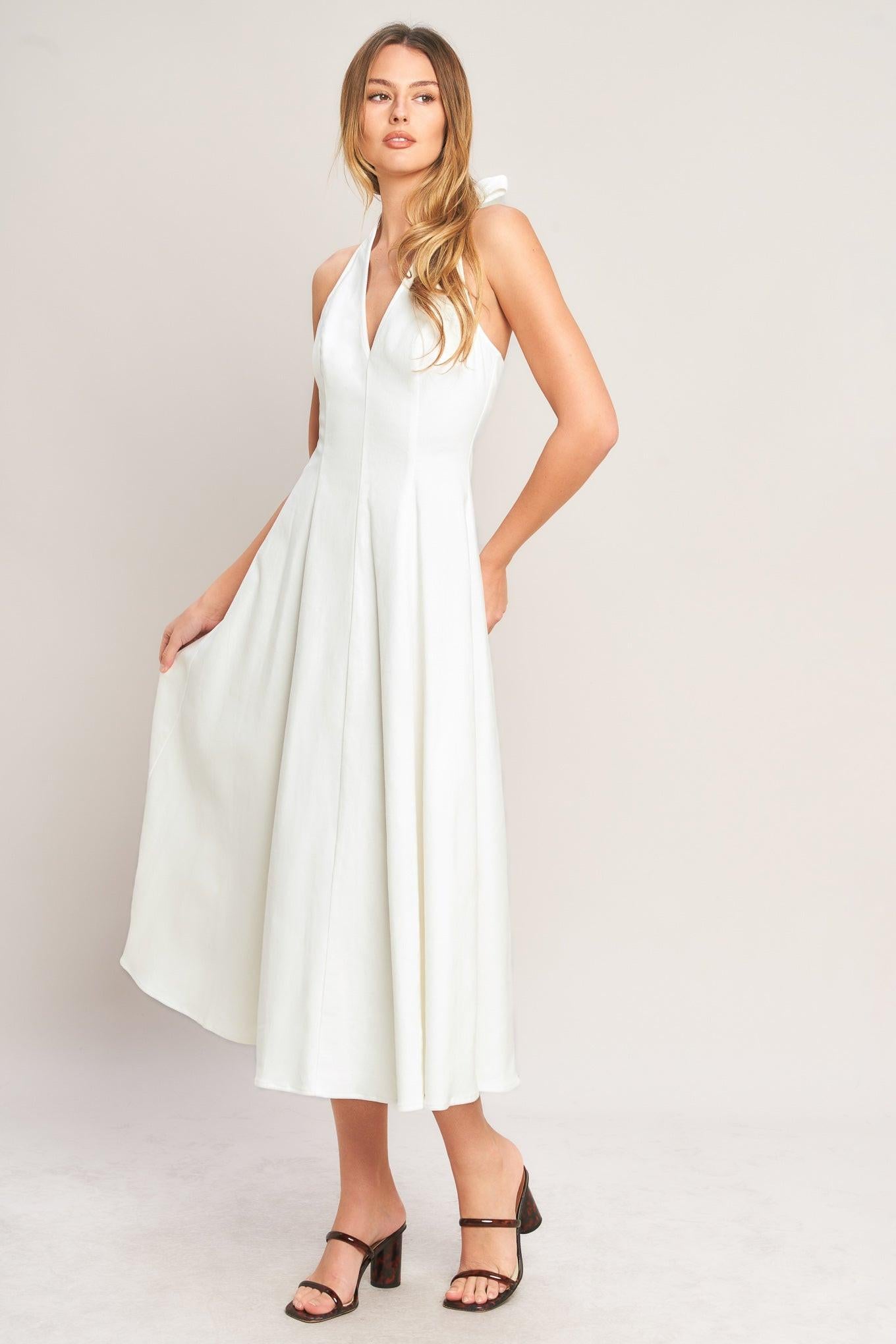 SERENE MOMENT WOVEN MIDI DRESS.