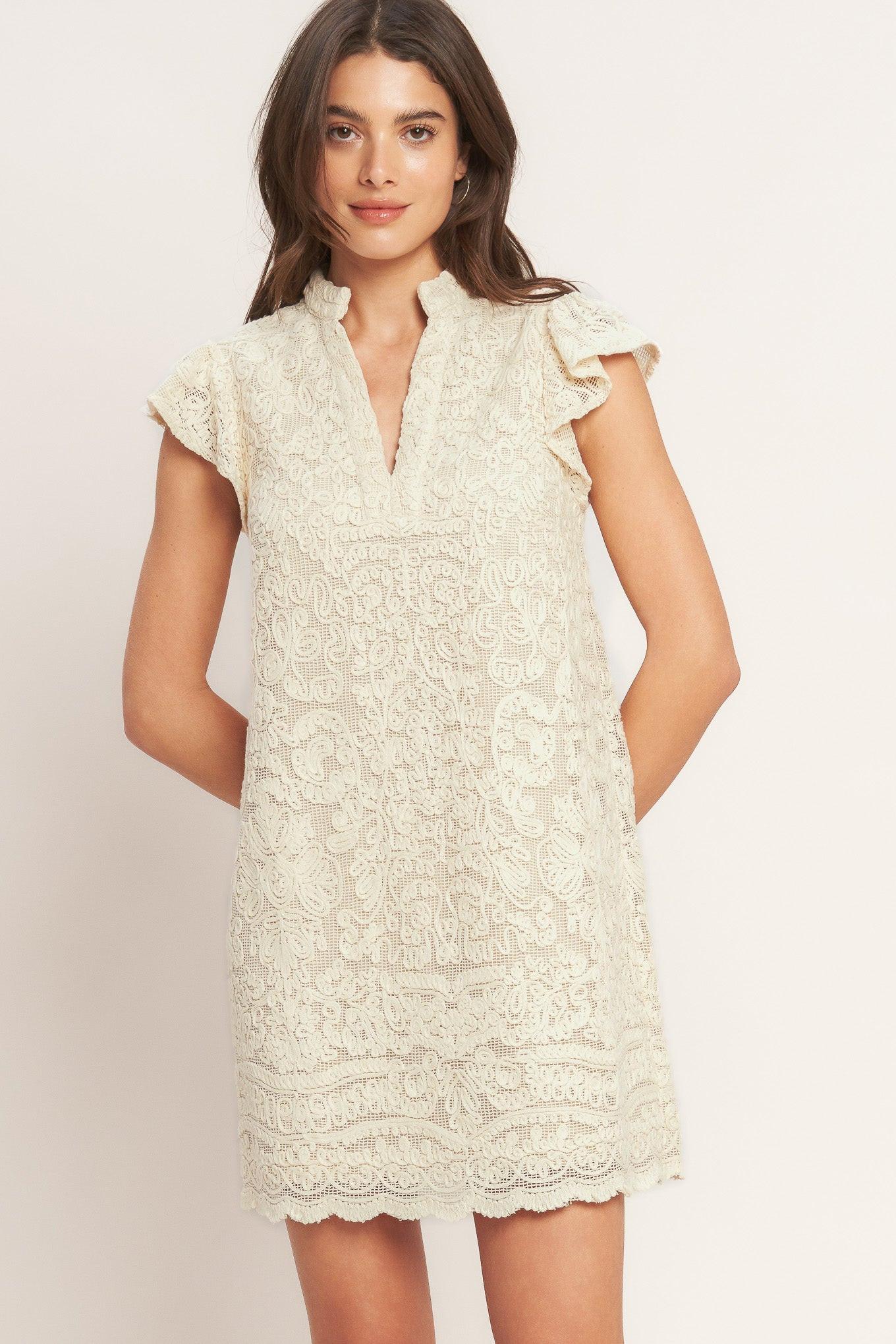 A woven cord lace mini dress featuring V neckline and short flutter sleeve
Details:
Self : 100% Cotton
Lining : 100% Polyester
Size & Fit
- Model is 5`8" And Wearing Size Small
- Measurements Taken From Size Small
- Approx. Length: 34" FLYING TOMATO