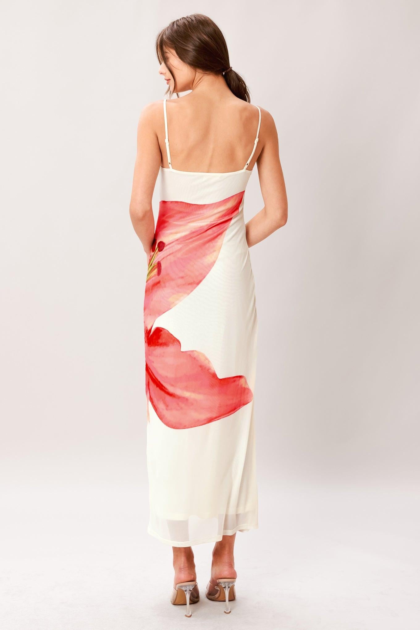 Woman wearing a printed power mesh cami midi dress