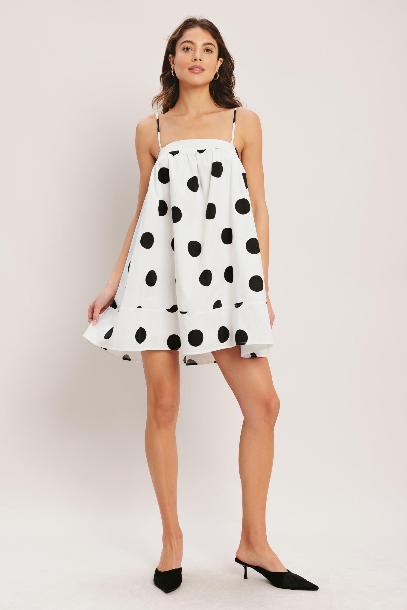 RUNWAY POLKA WOVEN MINI DRESS.