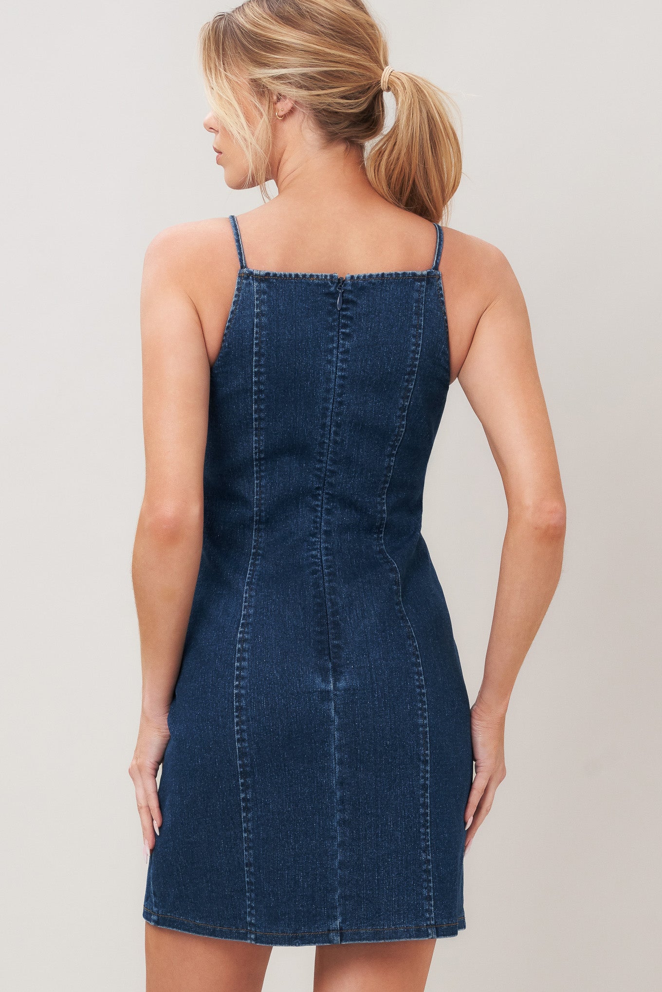 SECOND SKIN DENIM MINI DRESS.