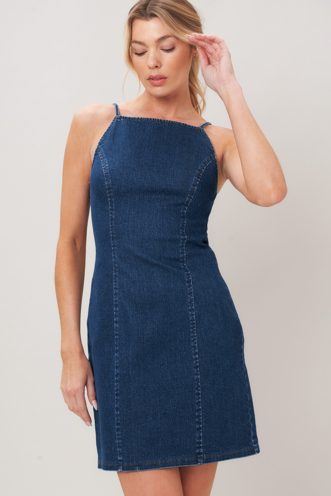 SECOND SKIN DENIM MINI DRESS.