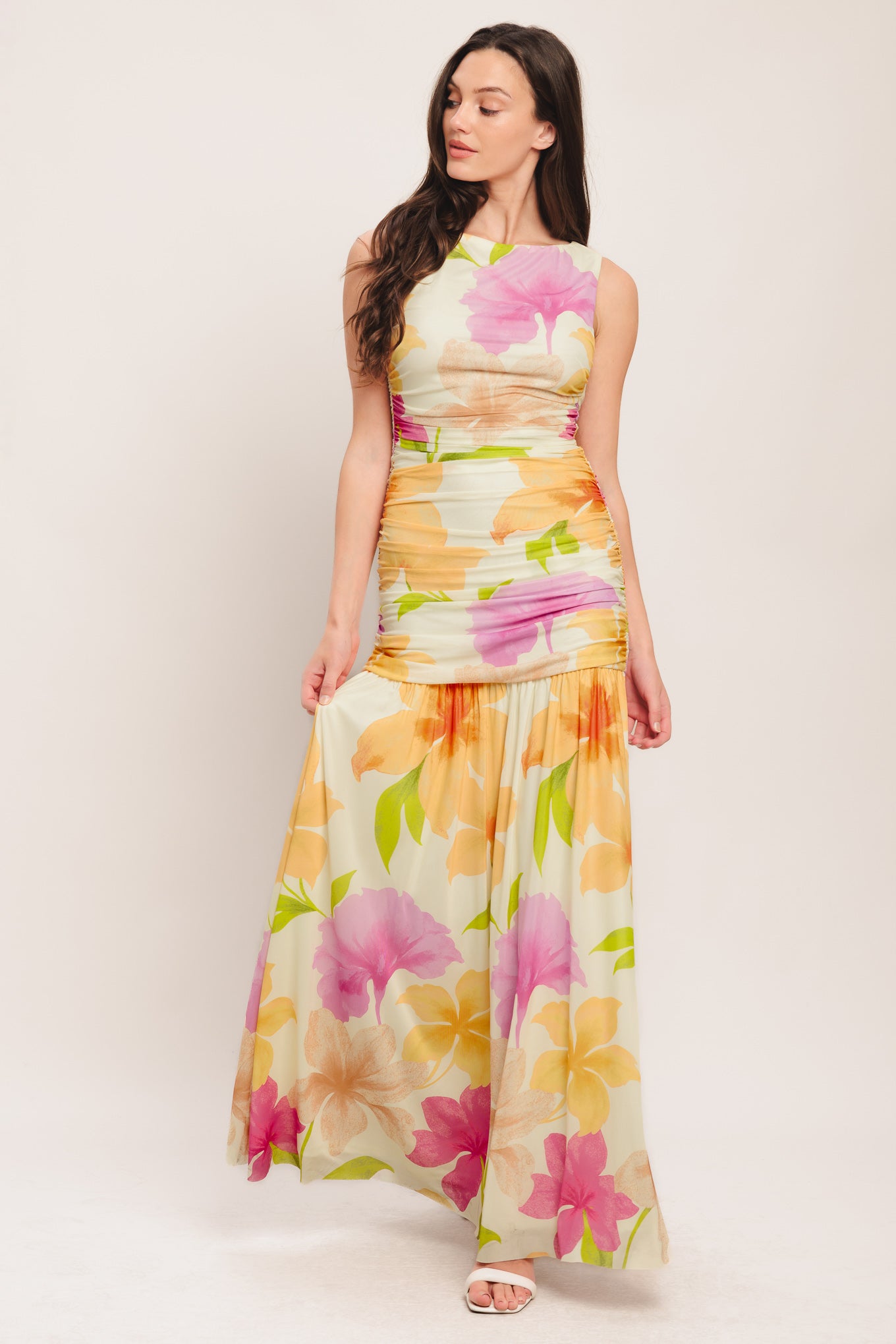 A printed power mesh maxi dress featuring wide neckline, sleeveless, side shirring and back zipper closure
Details:
Self : 95% Polyester 5% Spandex
Lining : 100% Polyester
Size & Fit
- Model is 5`8" And Wearing Size Small
- Measurements Taken From Size Small
- Approx. Length: 60"