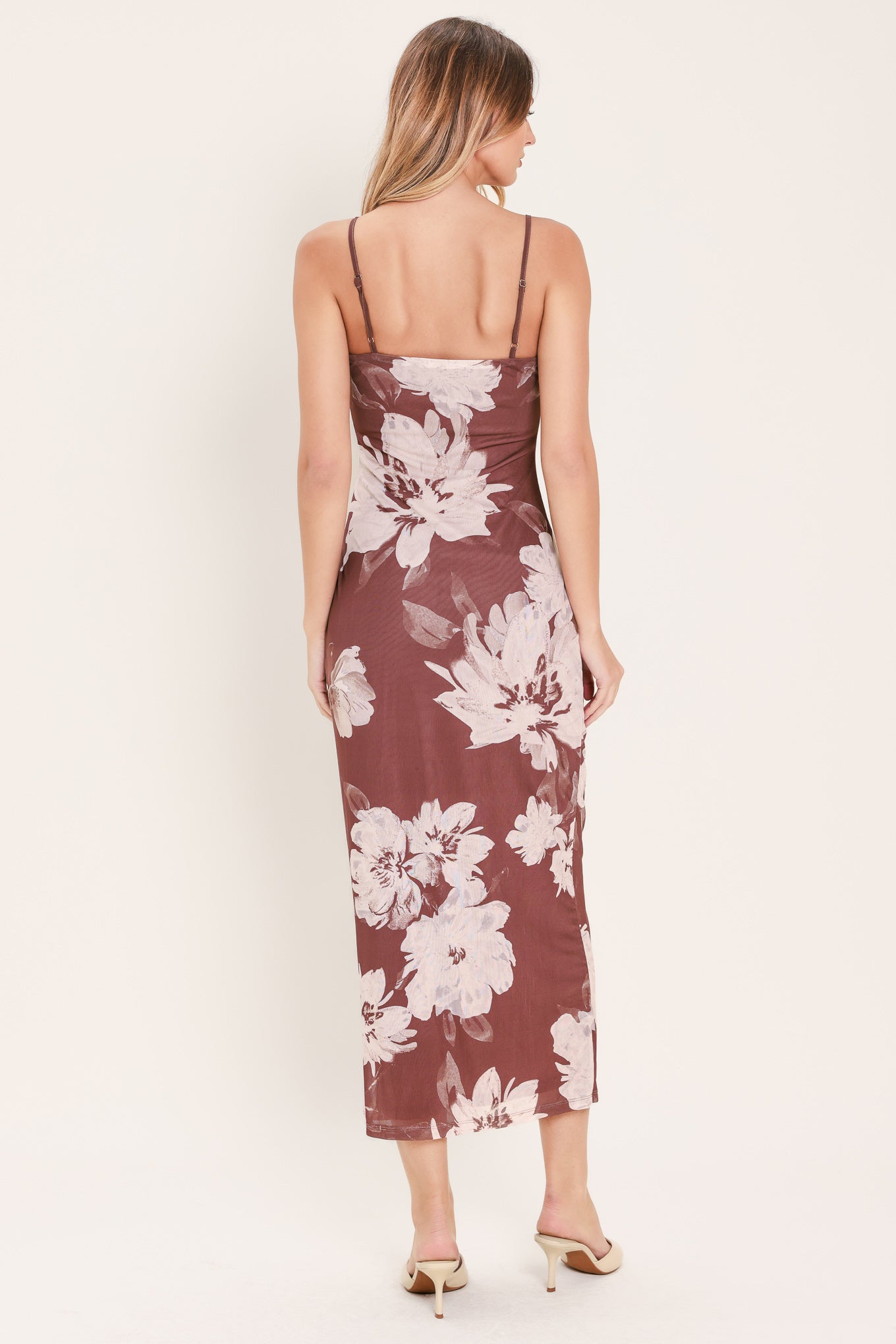 Woman wearing a dark mauve (red-bean tone) floral power mesh midi dress | Flying Tomato
