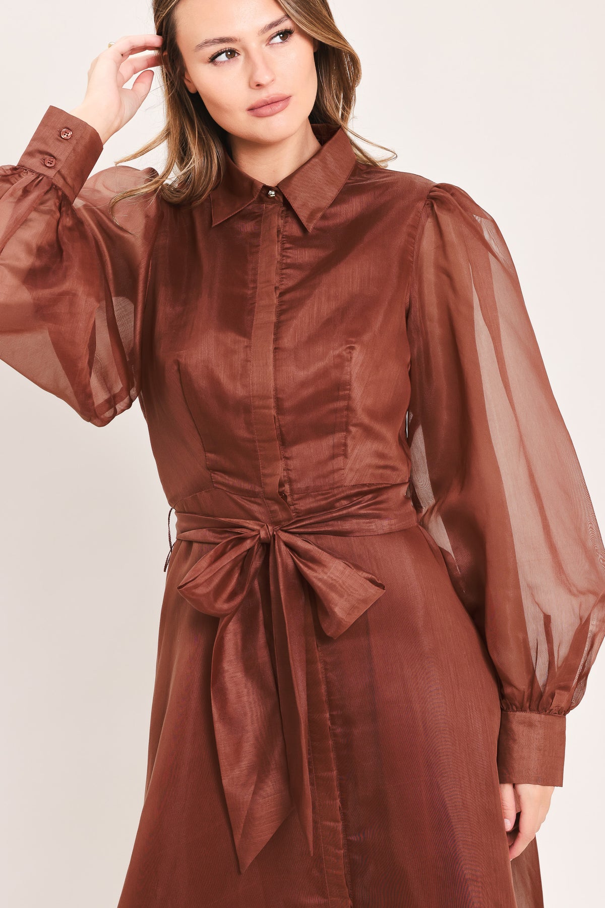 A woman wearing a rust-brown maxi dress with sheer balloon sleeves, a high ruffled collar, and a matching fabric tie belt at the waist | Flying Tomato
