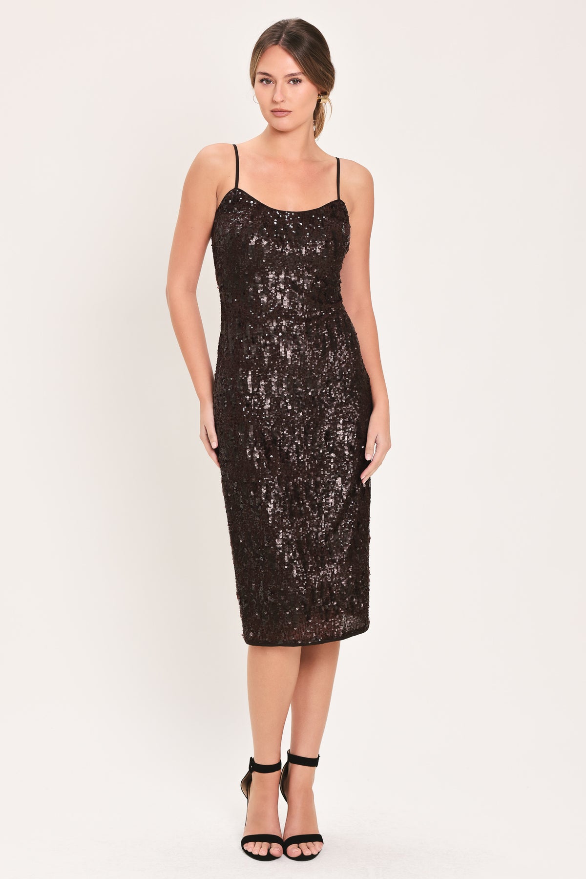 Woman wearing a sleeveless spaghetti strap dark brown sequins midi dress | Flying Tomato