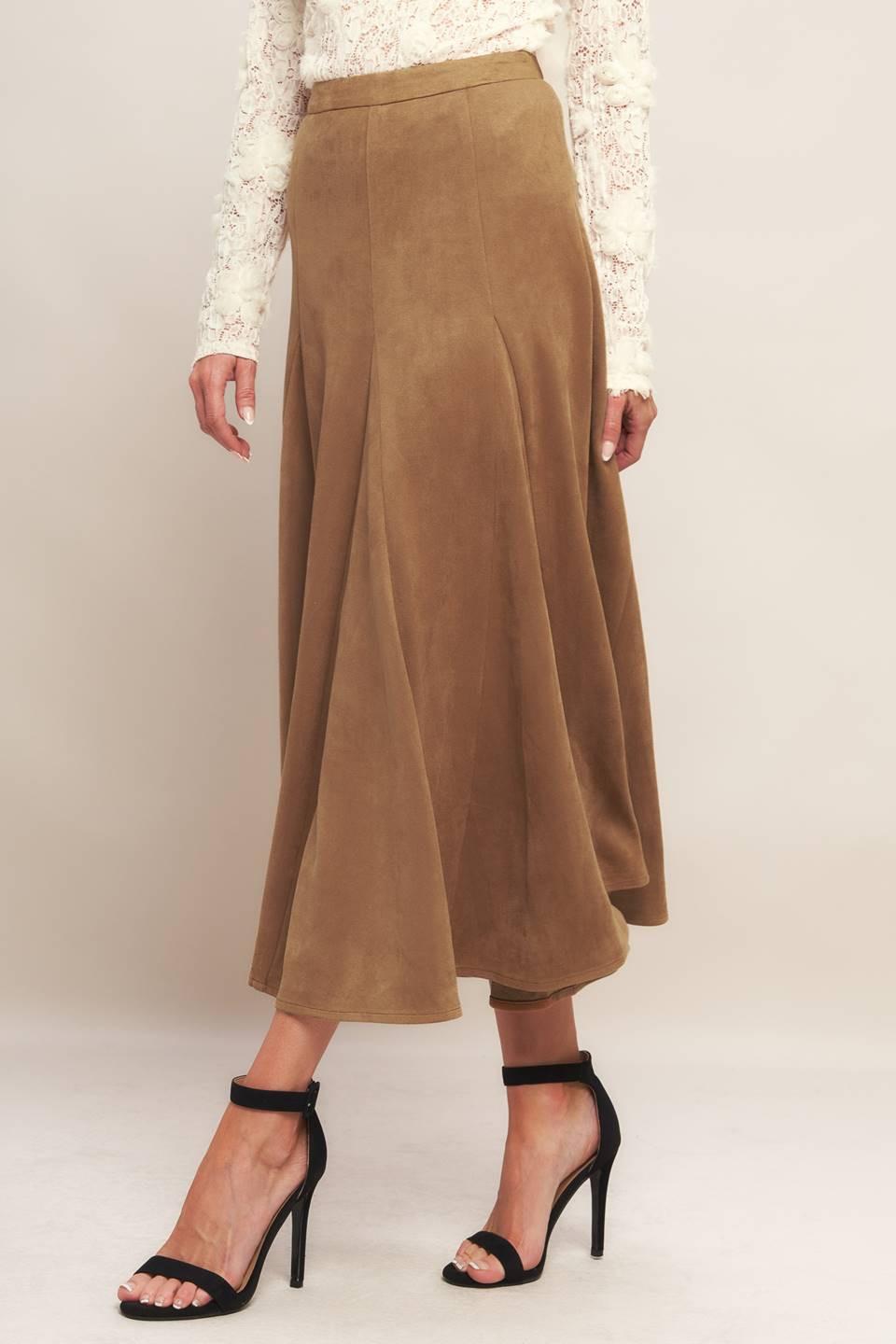 A faux suede midi skirt with back zipper closure