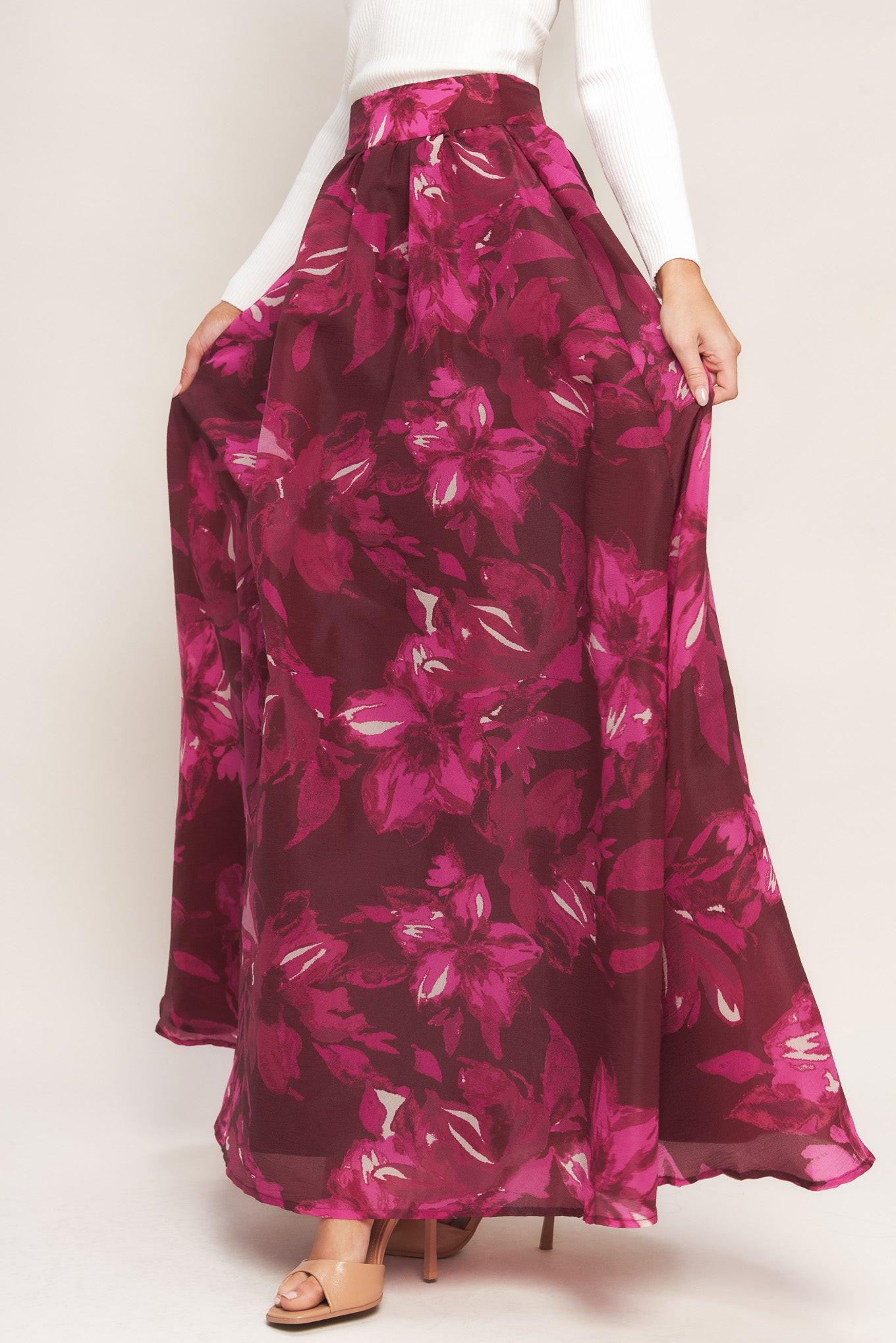 A printed woven maxi full skirt with back zipper closure
