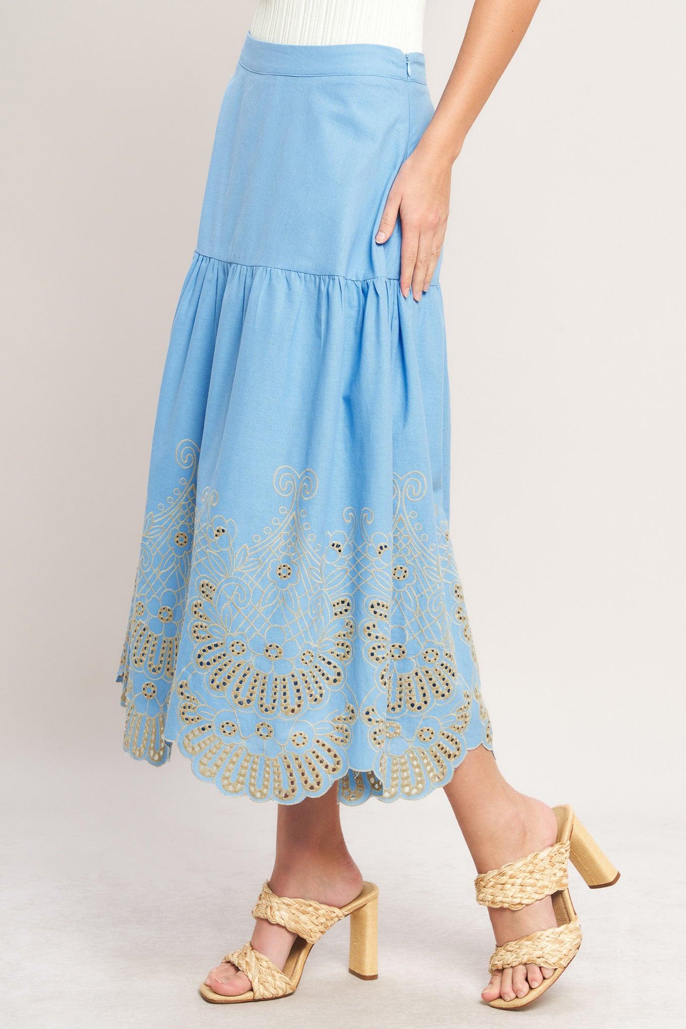 SKY BLOOM WOVEN EYELET MIDI SKIRT.