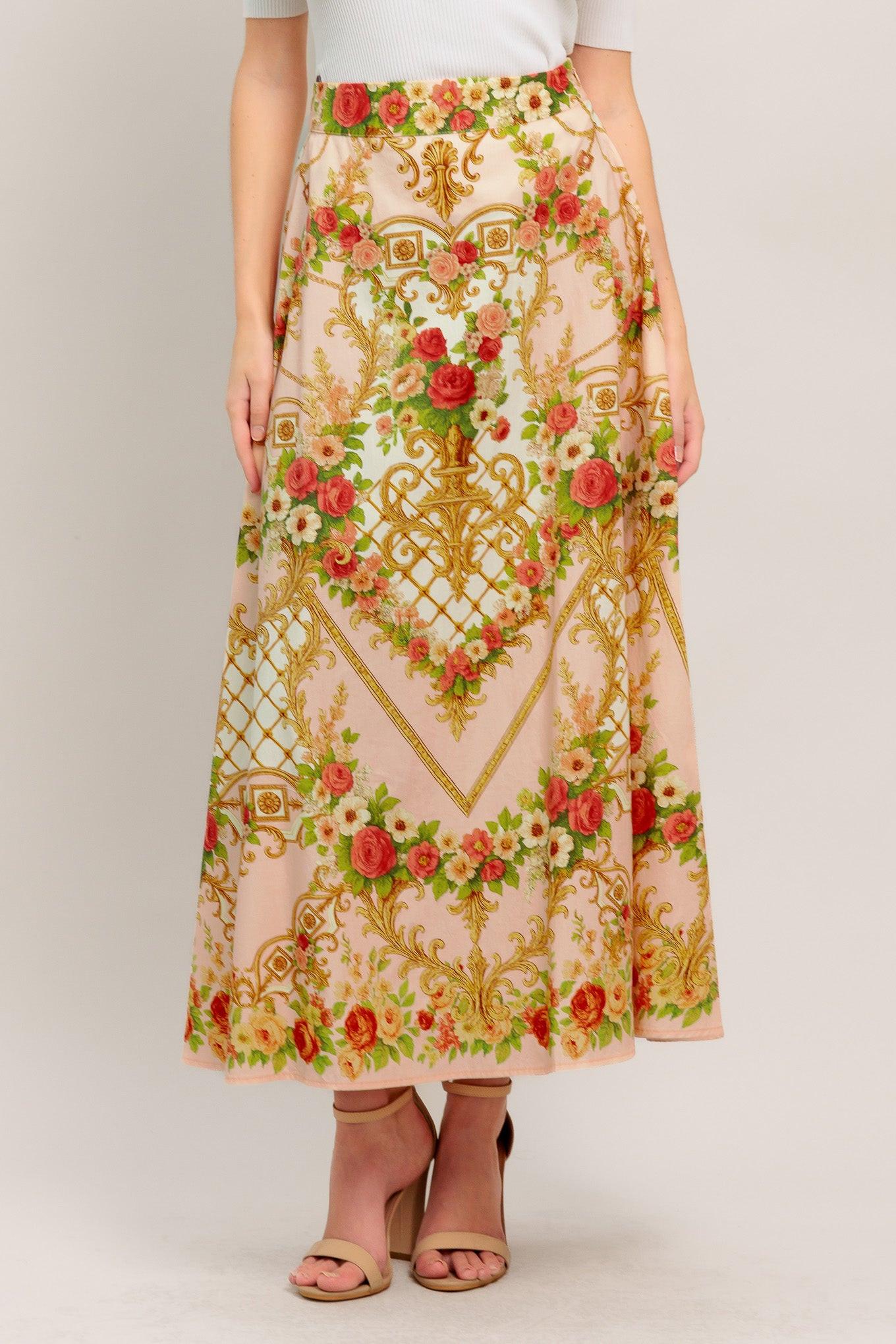 PALACE ROSE STATEMENT WOVEN CIRCLE MIDI SKIRT.
