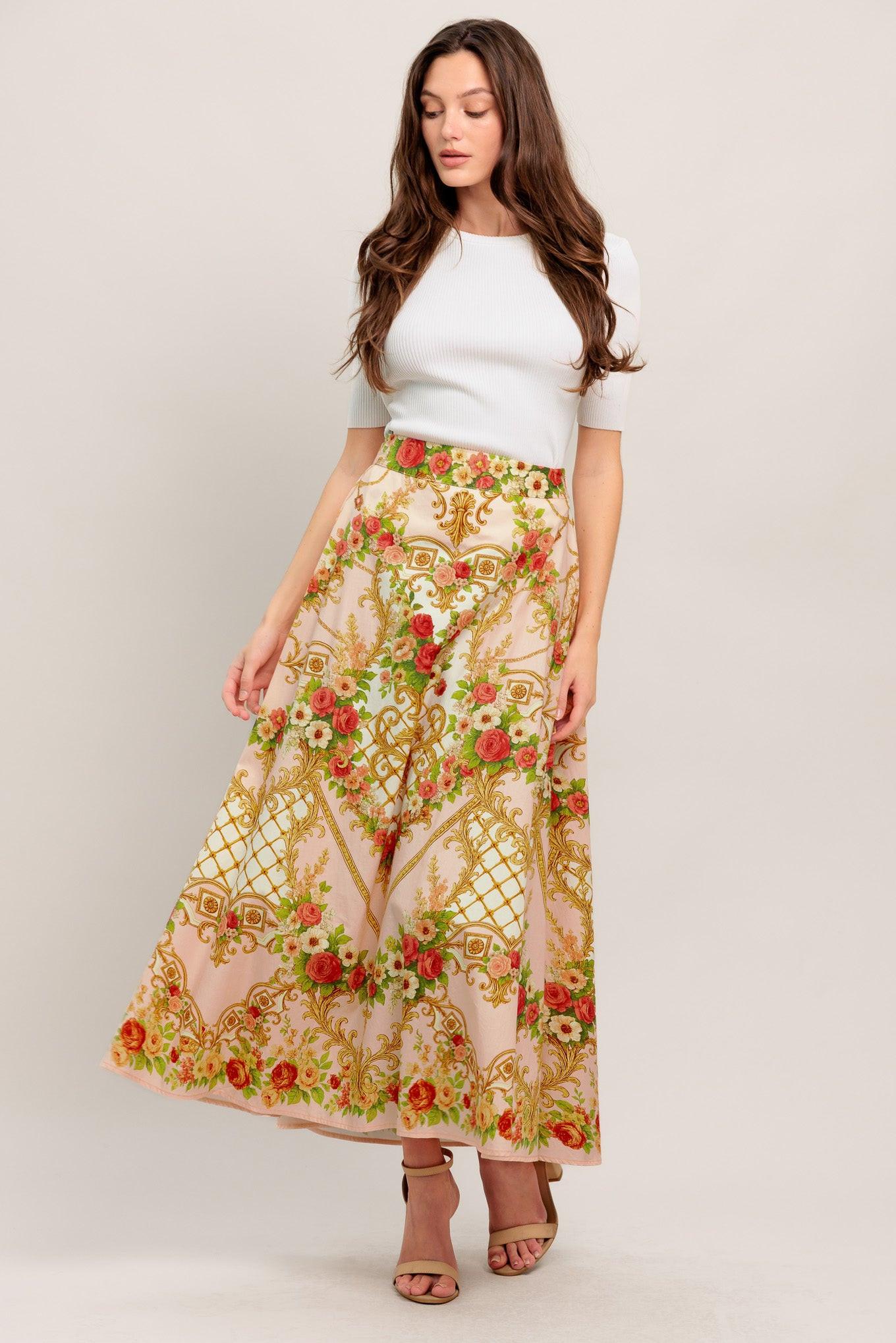 PALACE ROSE STATEMENT WOVEN CIRCLE MIDI SKIRT.